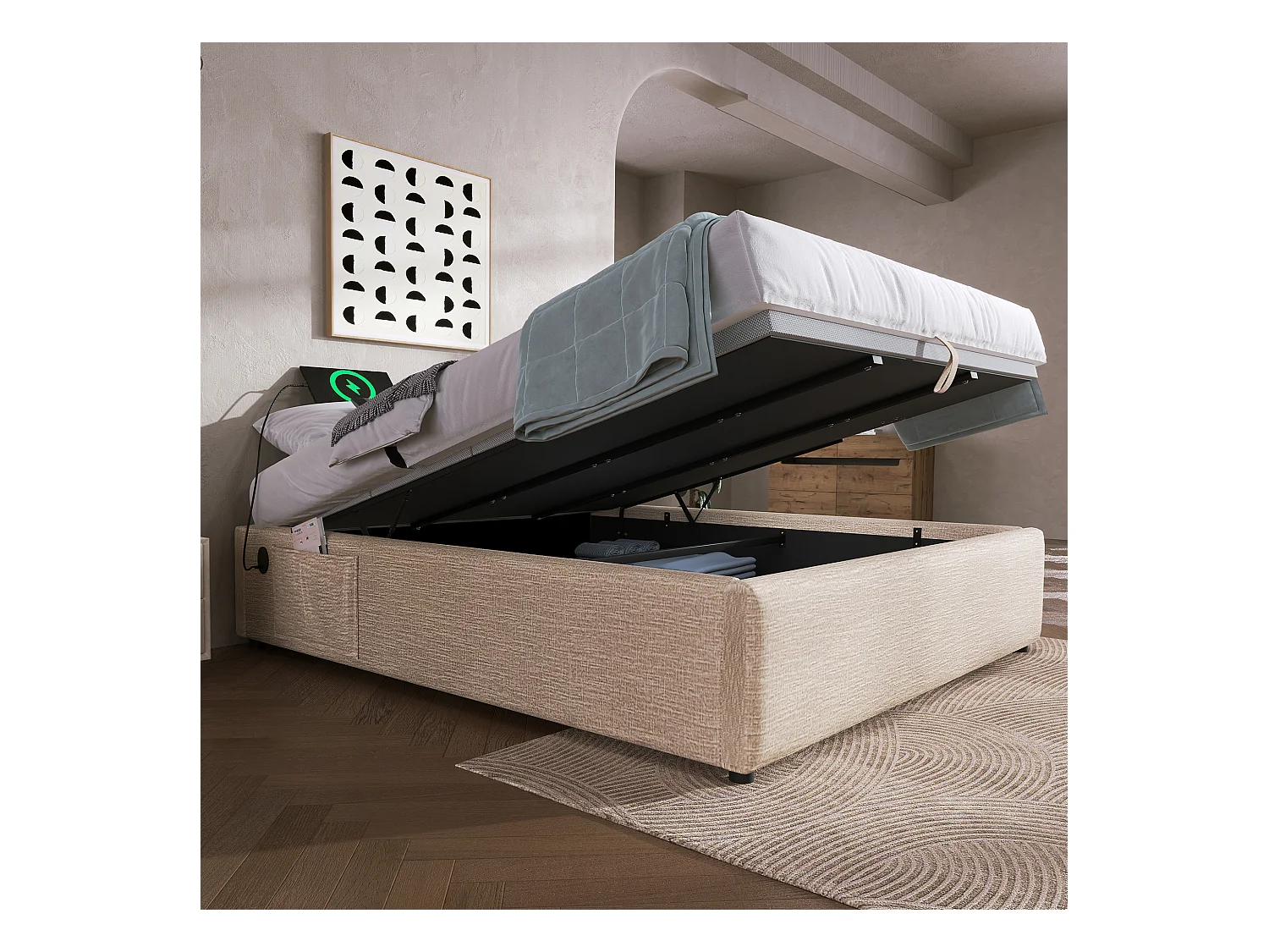 Lit tapissier double 140×200cm : Lit à rangement (USB-C), lattes de support pleine surface, sans tête de lit, lin, naturel