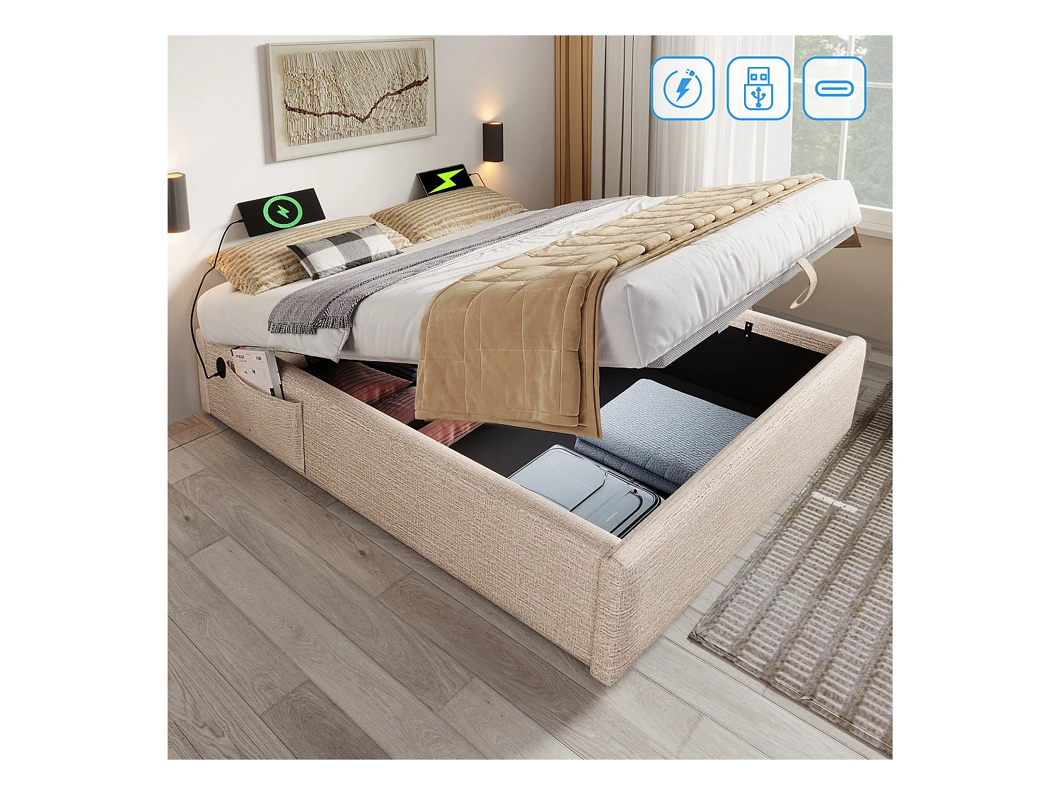 Lit tapissier double 140×200cm : Lit à rangement (USB-C), lattes de support pleine surface, sans tête de lit, lin, naturel