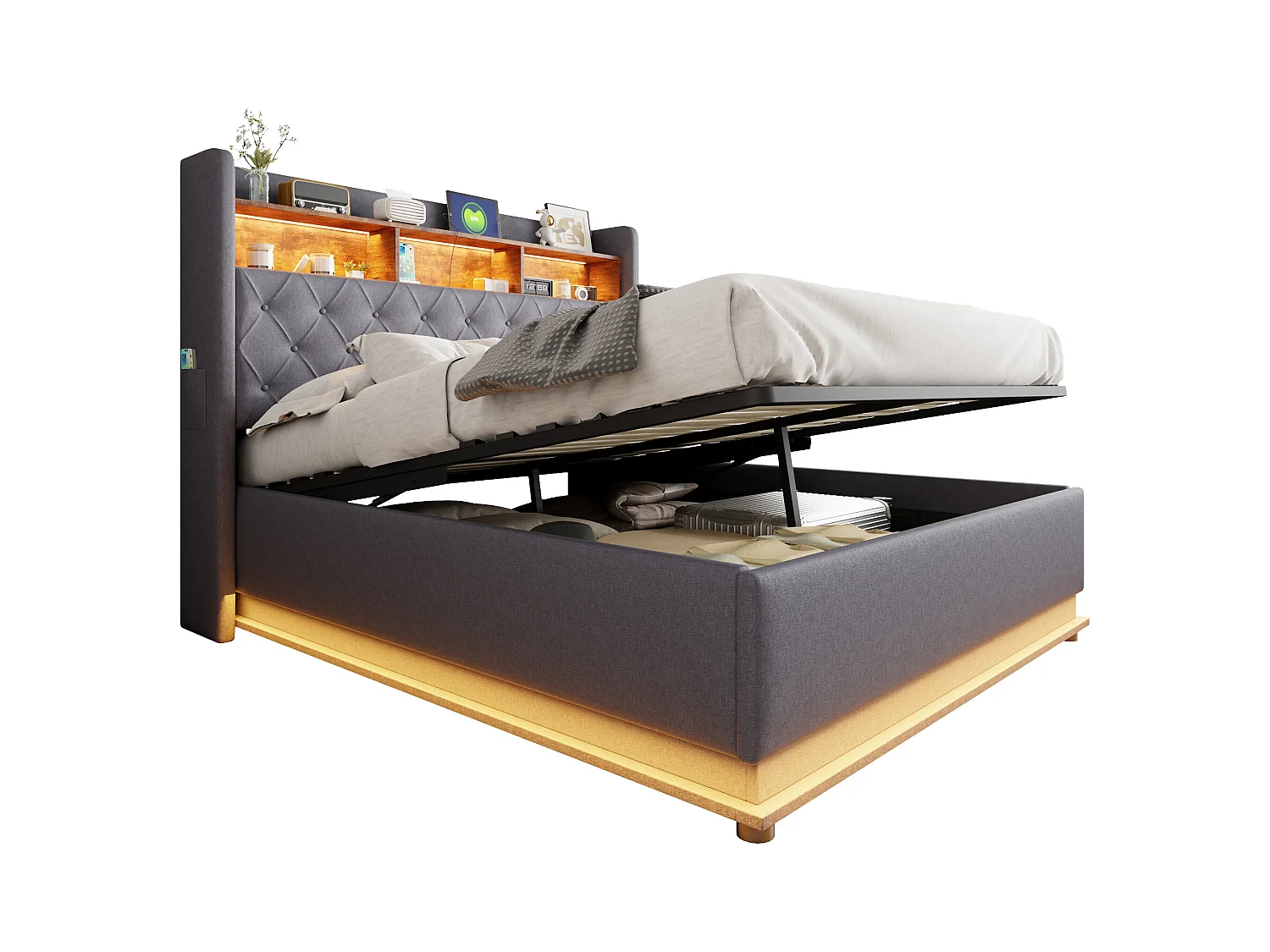 Lit Polster LED 160 x 200 cm, lit de rangement rembourré avec port USB et espace de rangement hydraulique, tissu en lin doux, gris.