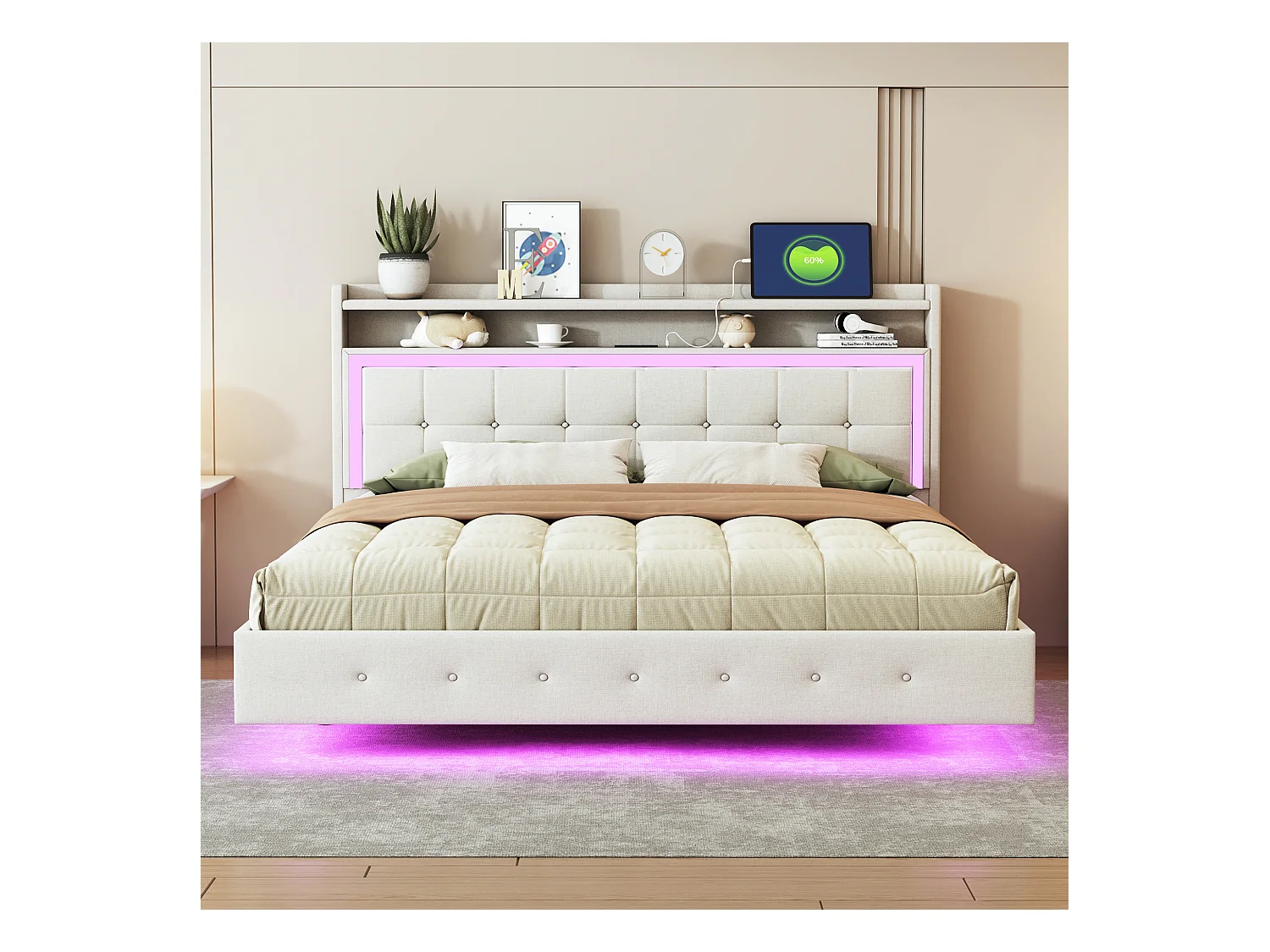 Lit 160 x 200 cm avec Port USB, LED et Design Caché, en Tissu Lin Beige