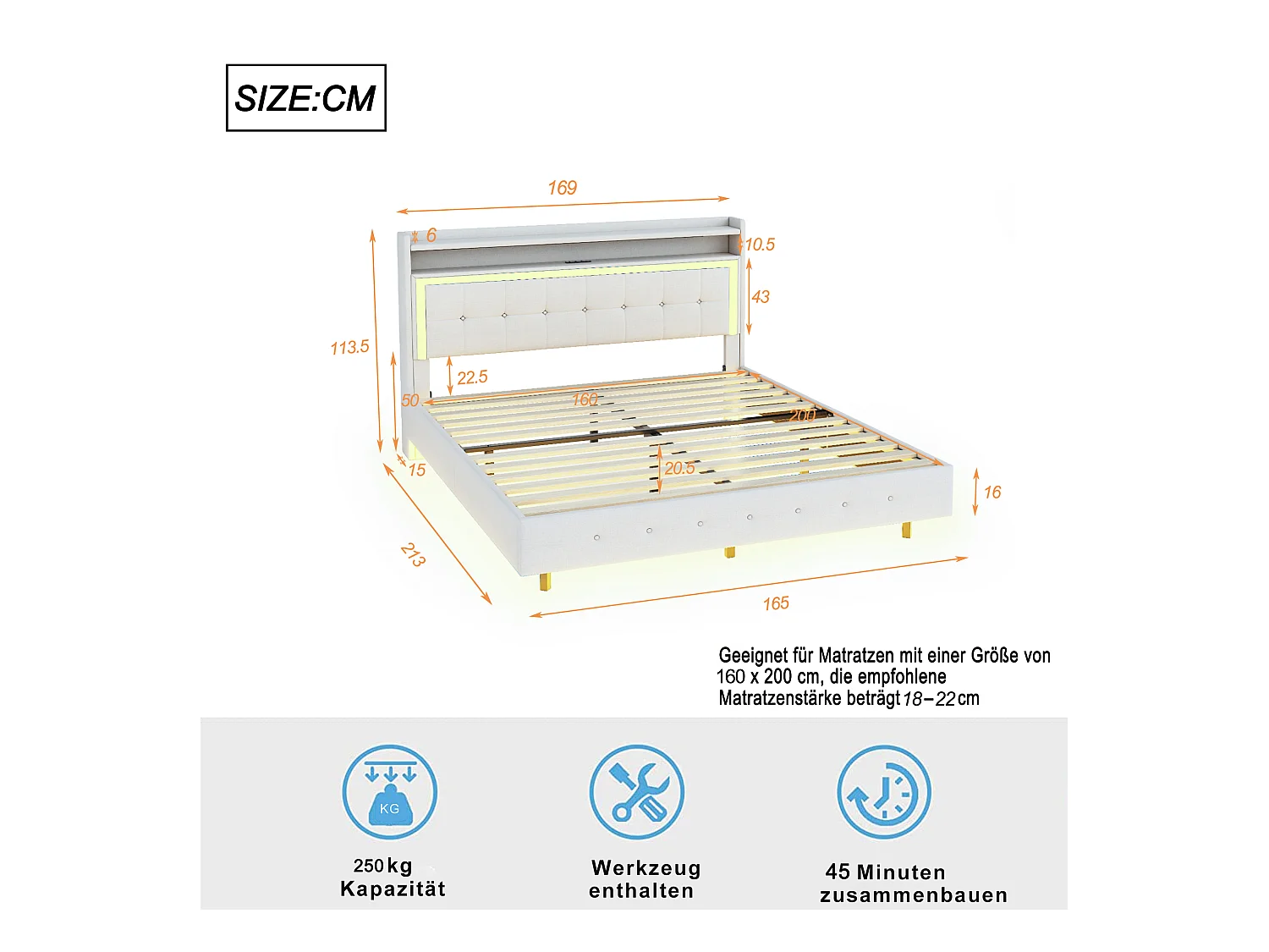 Lit 160 x 200 cm avec Port USB, LED et Design Caché, en Tissu Lin Beige