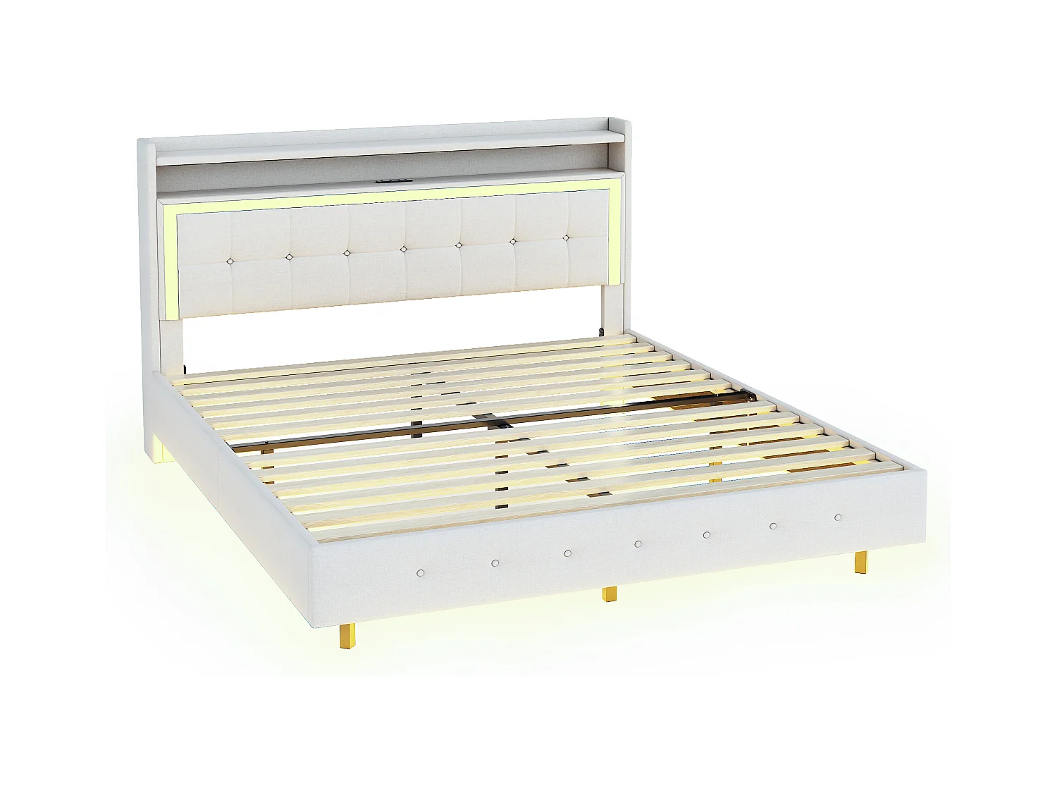 Lit 160 x 200 cm avec Port USB, LED et Design Caché, en Tissu Lin Beige