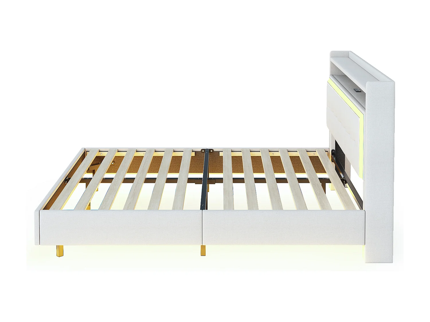 Lit 160 x 200 cm avec Port USB, LED et Design Caché, en Tissu Lin Beige