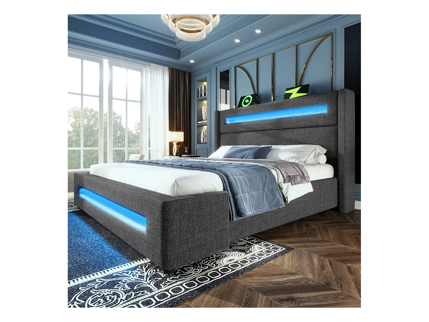 Lit tapissier double ado 160×200cm : LED, rangement hydraulique + USB Type-C, cadre métal + lattes bois, gris, lin (sans matelas)