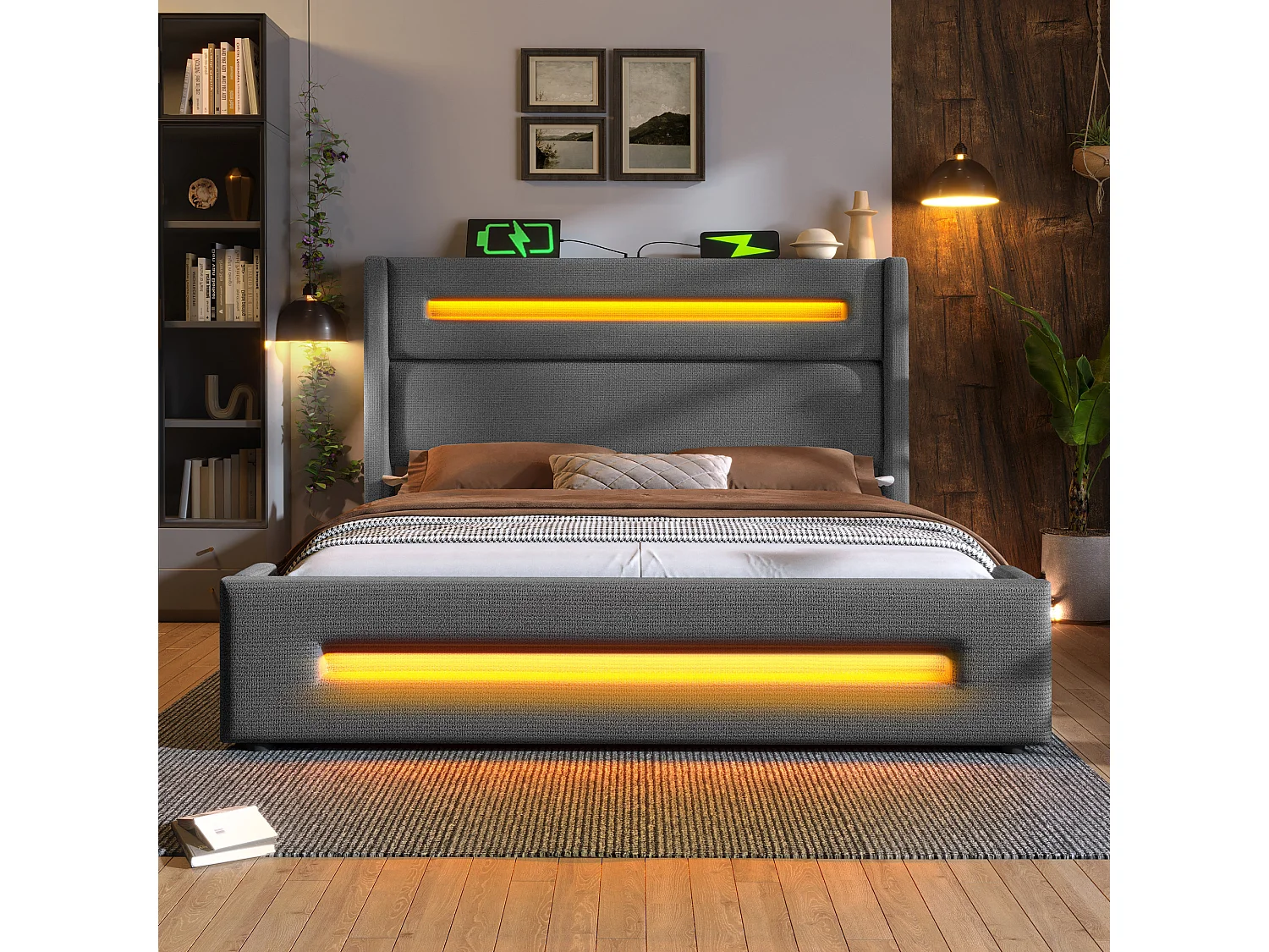 Lit tapissier double ado 160×200cm : LED, rangement hydraulique + USB Type-C, cadre métal + lattes bois, gris, lin (sans matelas)