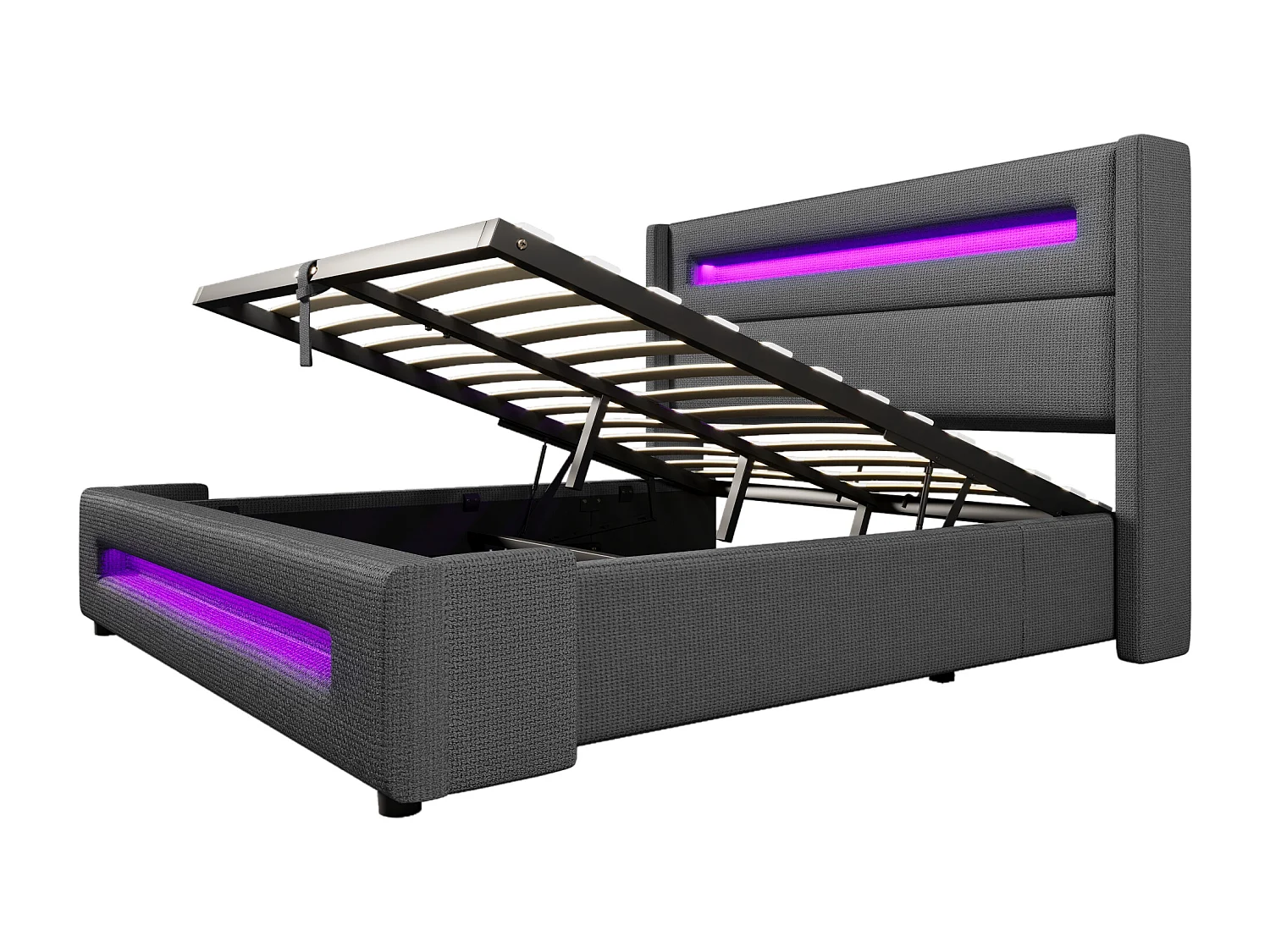 Lit tapissier double ado 160×200cm : LED, rangement hydraulique + USB Type-C, cadre métal + lattes bois, gris, lin (sans matelas)