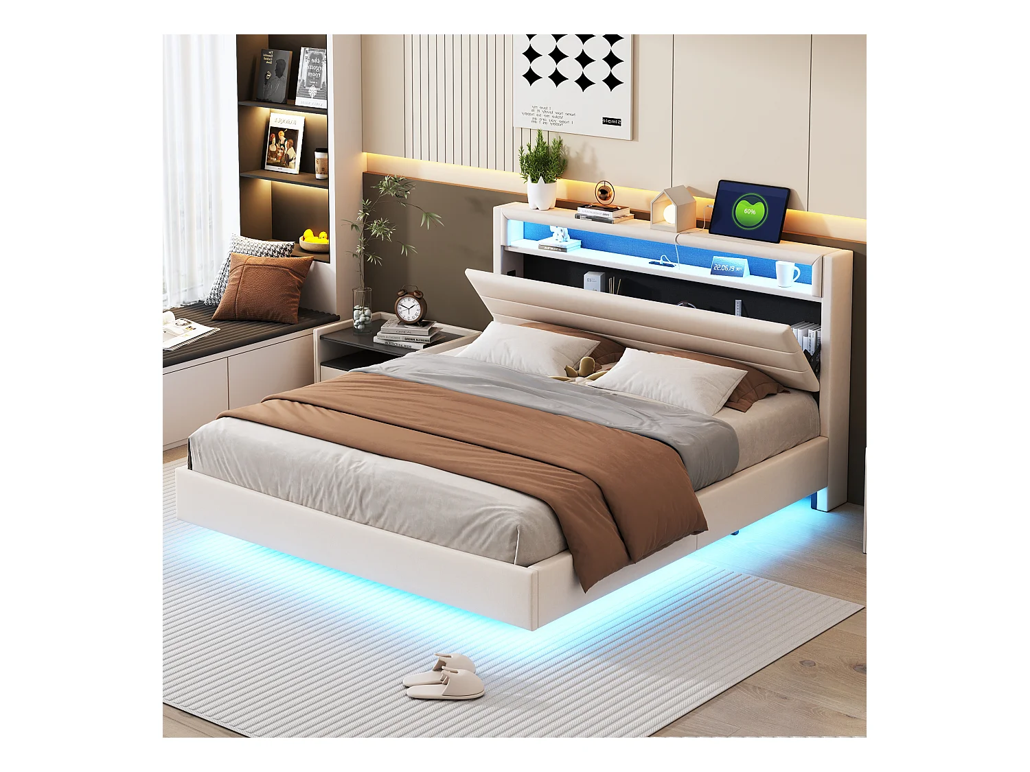 Lit 160 x 200 cm avec Port USB, LED et Tête de Lit Réversible, en Tissu Lin Beige