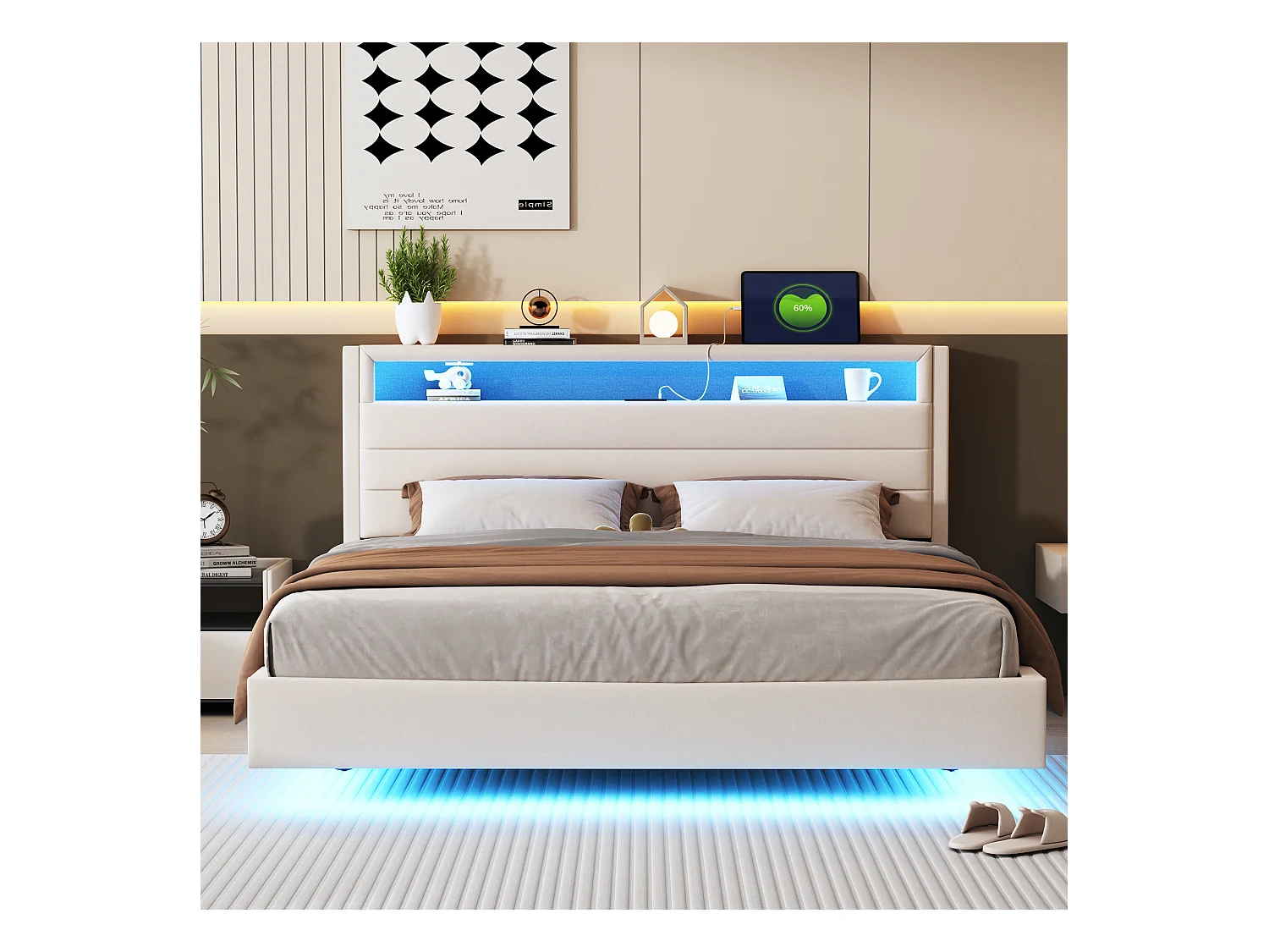 Lit 160 x 200 cm avec Port USB, LED et Tête de Lit Réversible, en Tissu Lin Beige