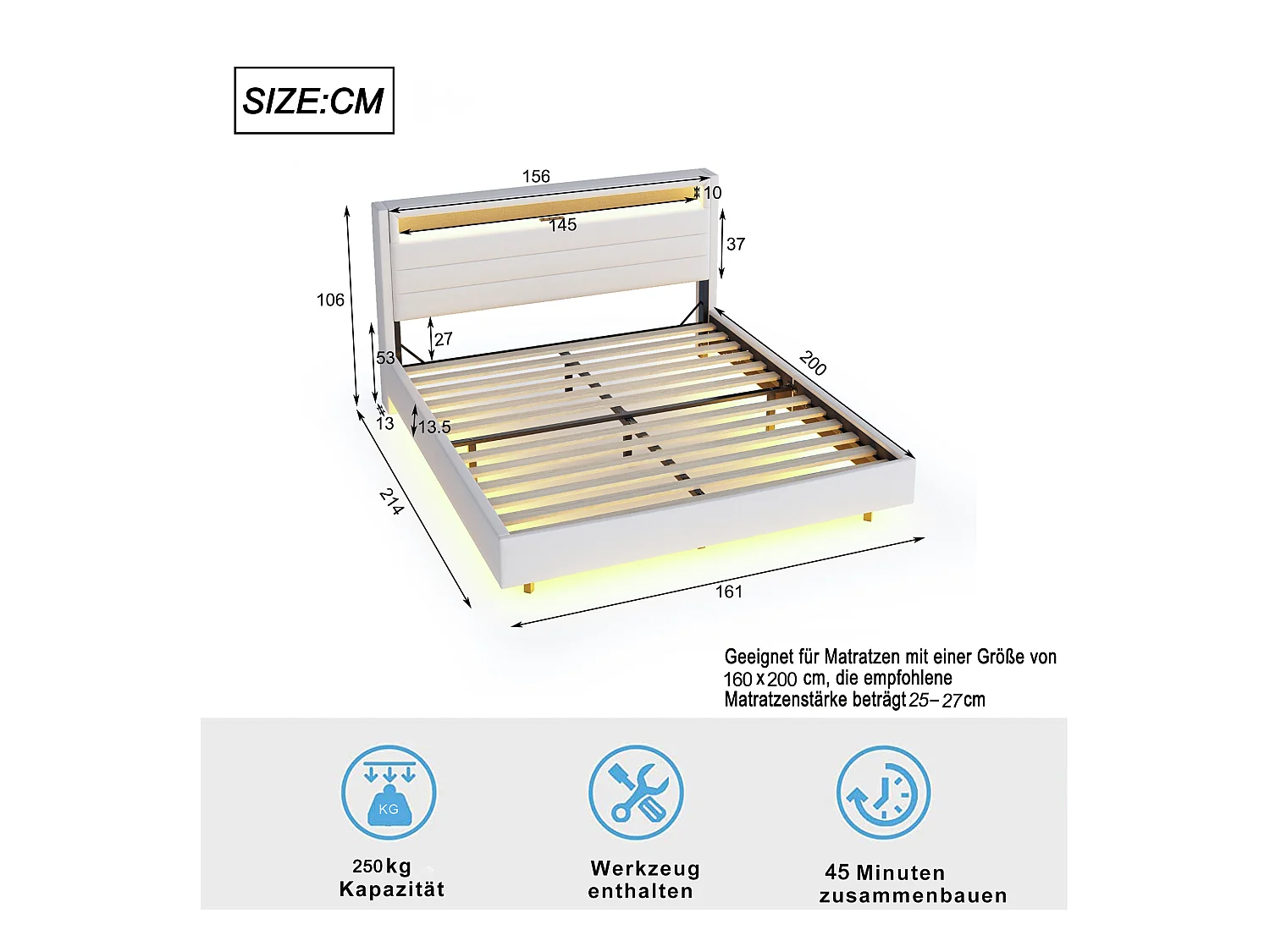 Lit 160 x 200 cm avec Port USB, LED et Tête de Lit Réversible, en Tissu Lin Beige