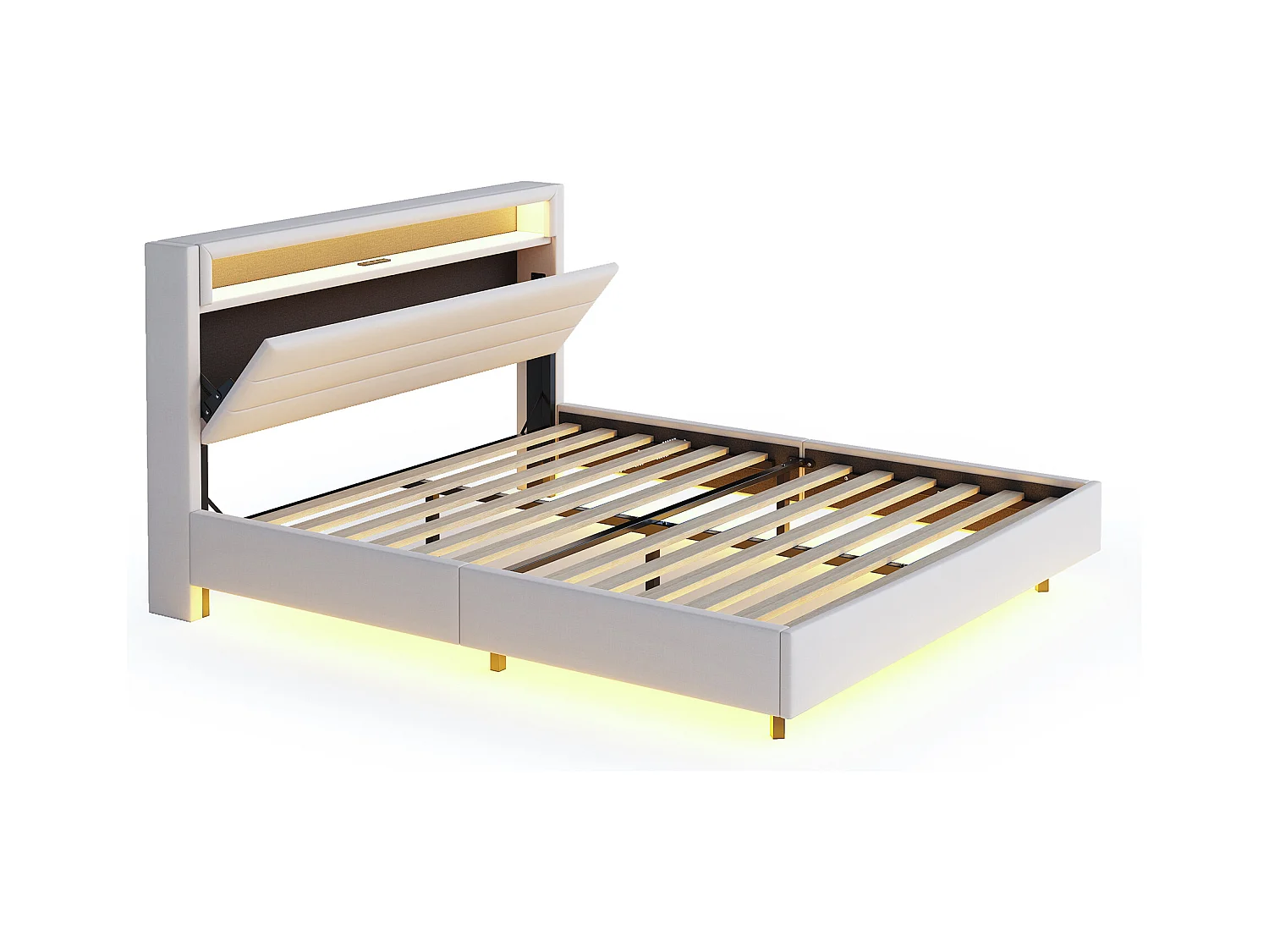 Lit 160 x 200 cm avec Port USB, LED et Tête de Lit Réversible, en Tissu Lin Beige