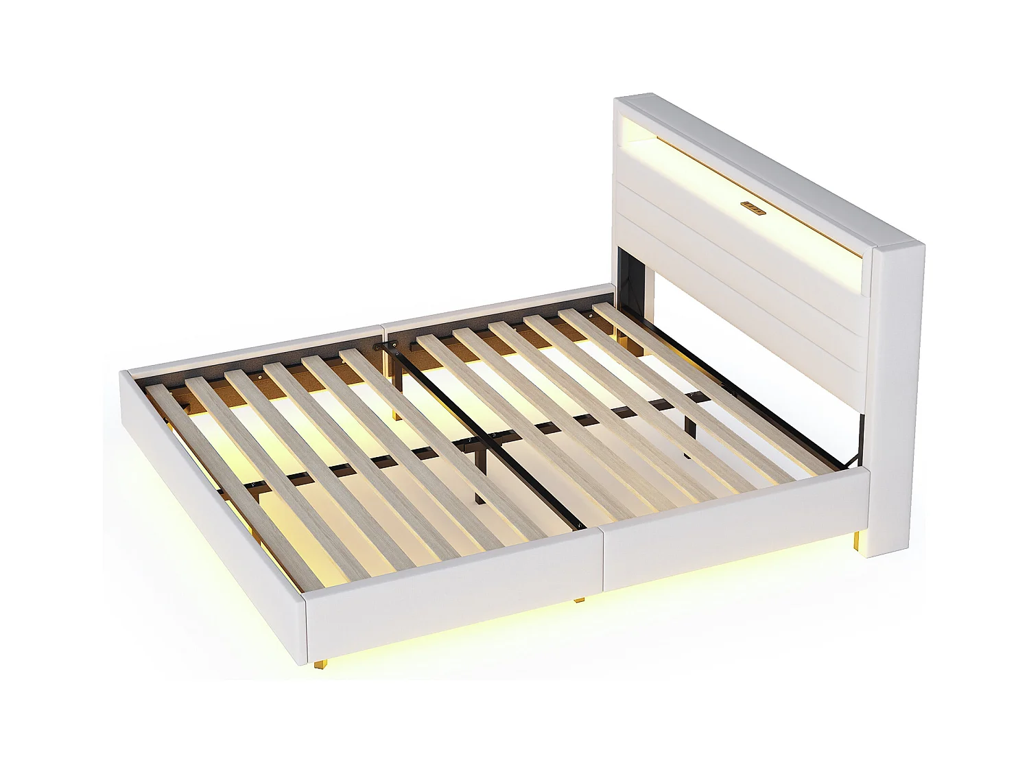 Lit 160 x 200 cm avec Port USB, LED et Tête de Lit Réversible, en Tissu Lin Beige