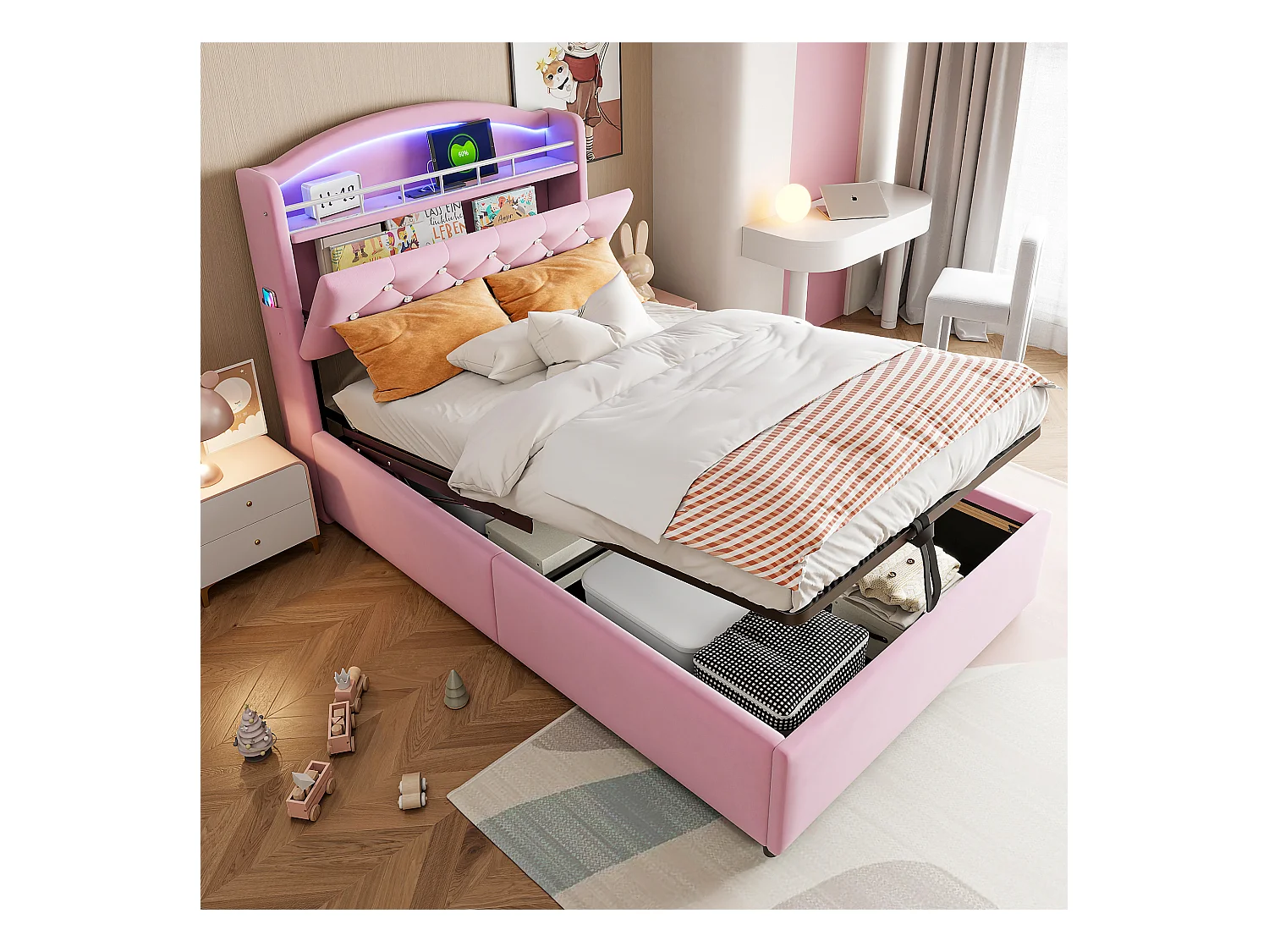 Lit enfant 90x200 cm rose en velours, lit simple multifonction avec rangement, LED et port USB