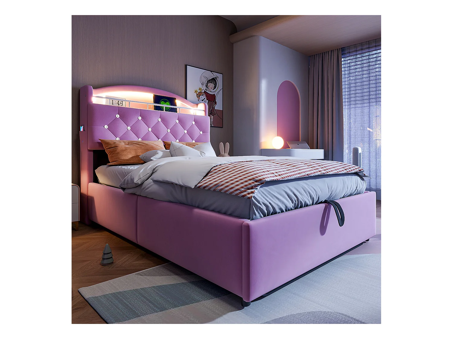 Lit enfant 90x200 cm rose en velours, lit simple multifonction avec rangement, LED et port USB