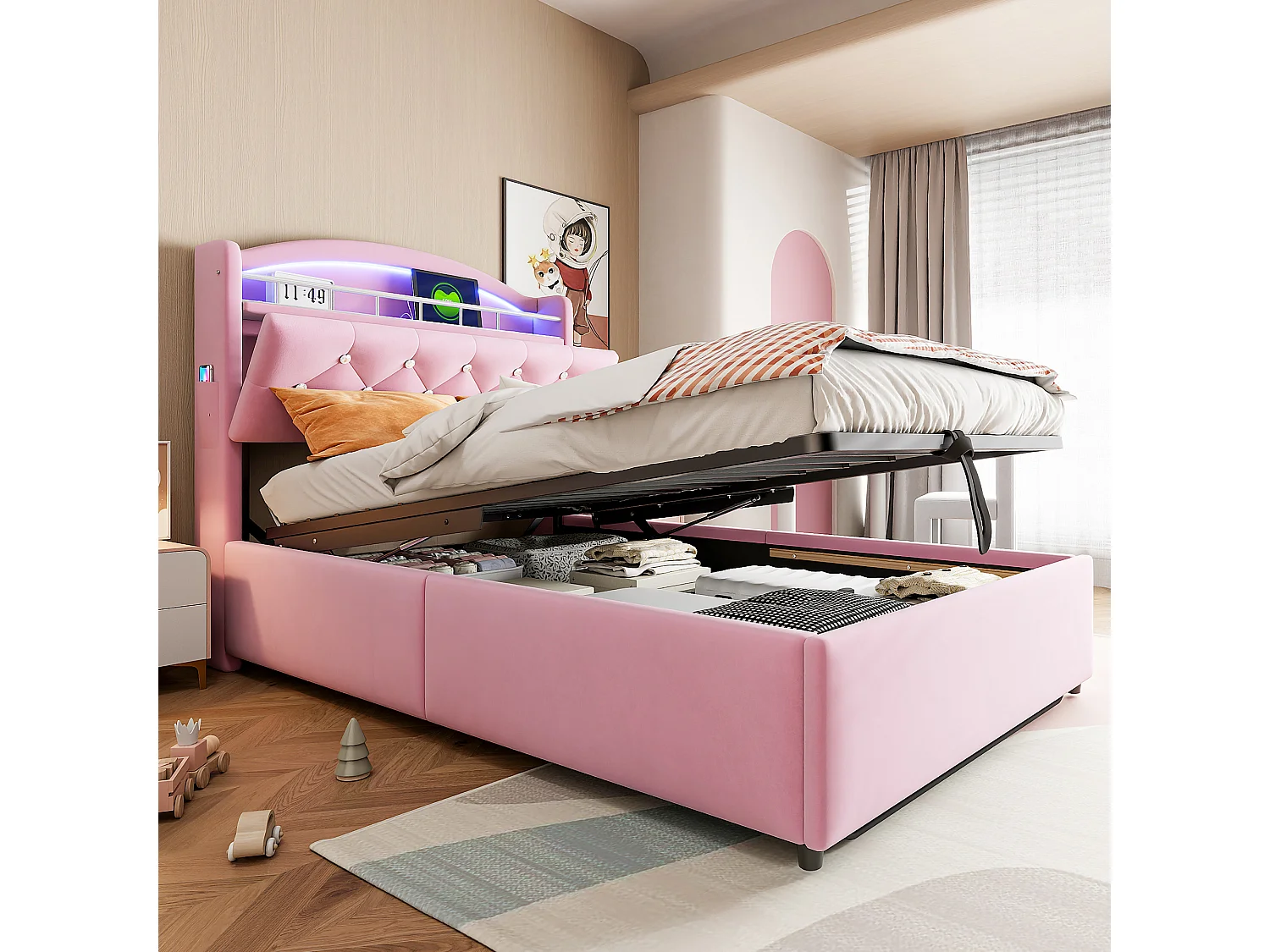 Lit enfant 90x200 cm rose en velours, lit simple multifonction avec rangement, LED et port USB