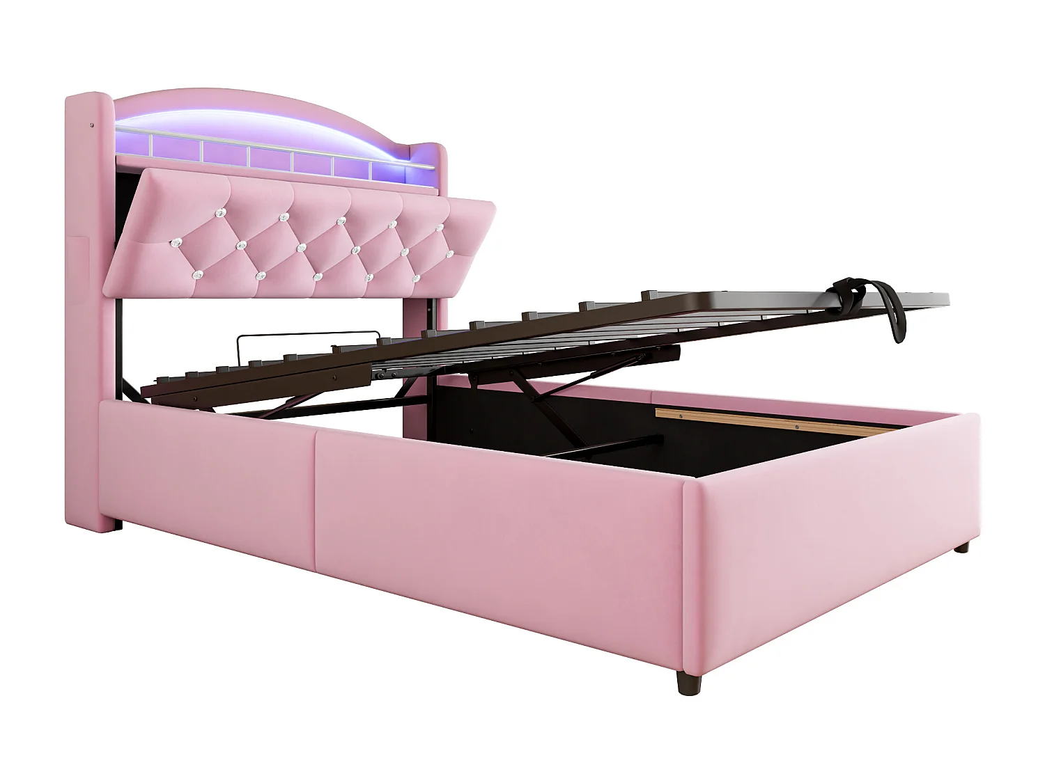 Lit enfant 90x200 cm rose en velours, lit simple multifonction avec rangement, LED et port USB