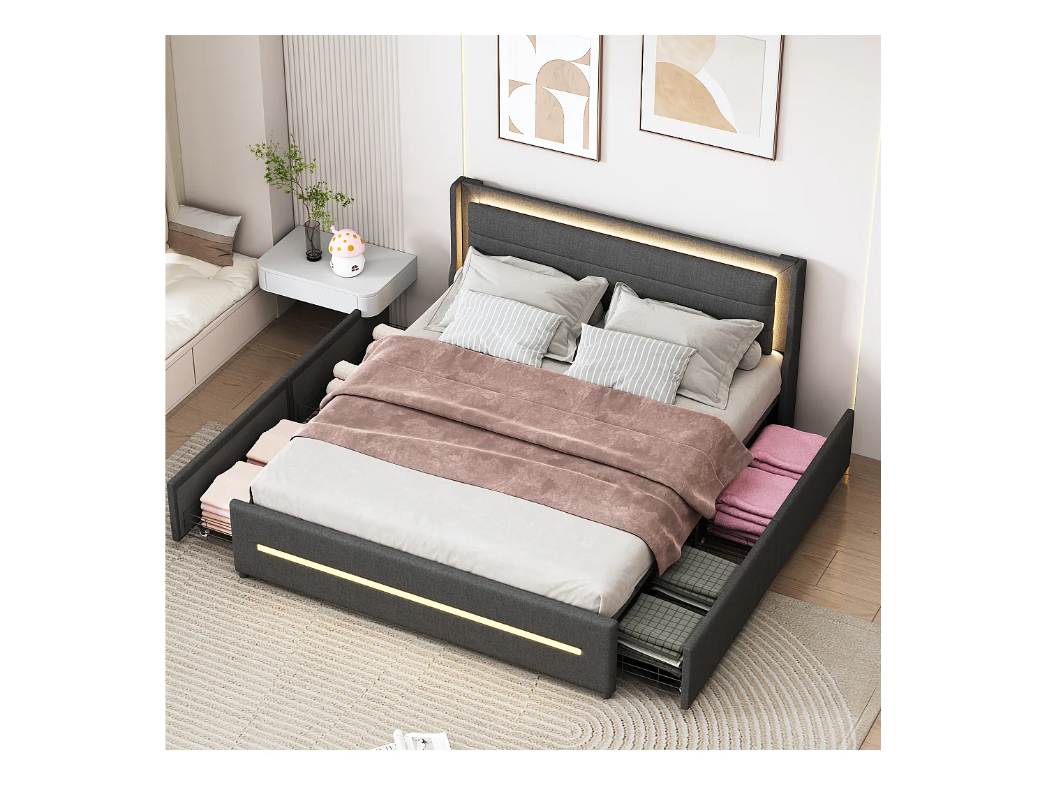 Lit Polster 160x200 cm avec LED multicolores, 4 rangements, tissu en lin, lit double avec sommier à lattes, gris, sans matelas.