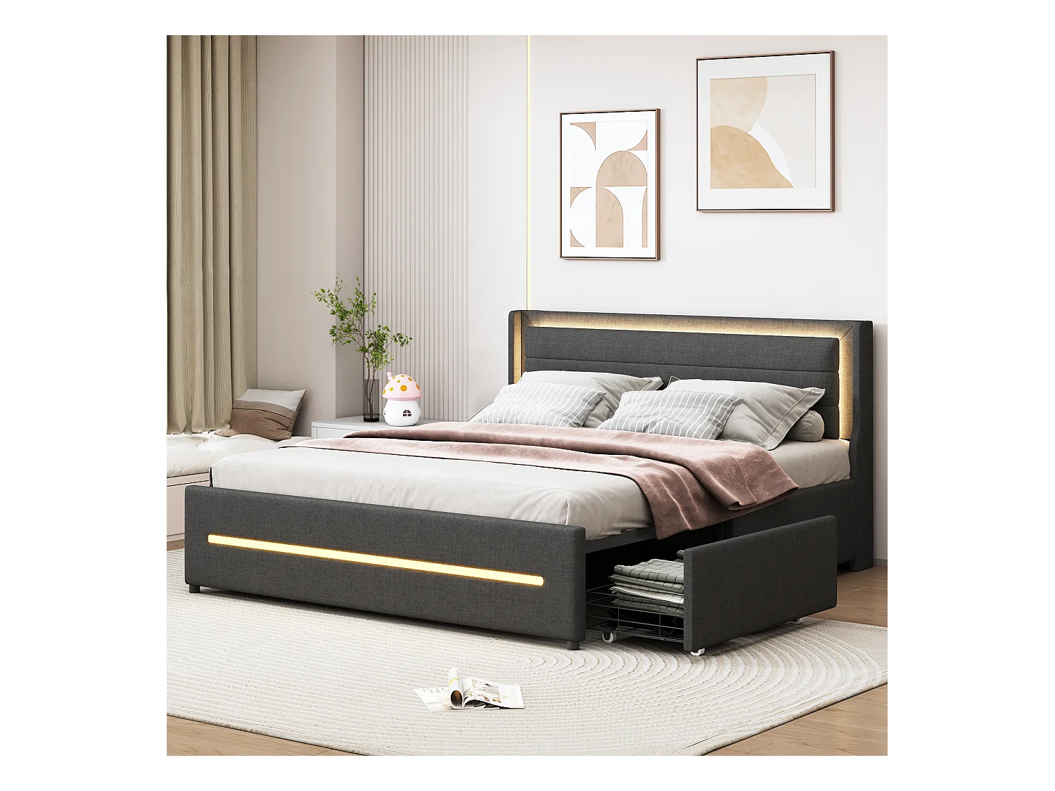 Lit Polster 160x200 cm avec LED multicolores, 4 rangements, tissu en lin, lit double avec sommier à lattes, gris, sans matelas.