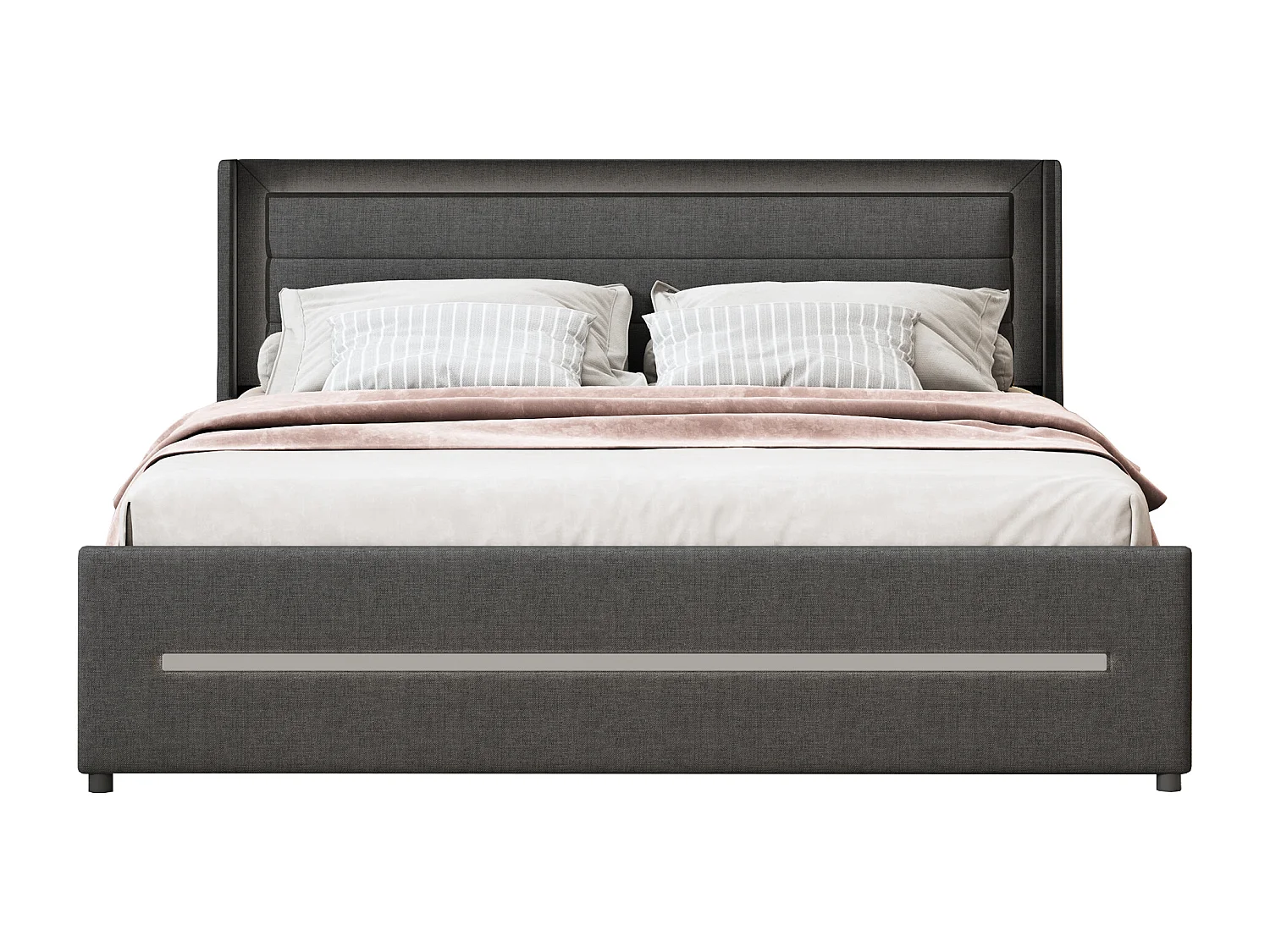 Lit Polster 160x200 cm avec LED multicolores, 4 rangements, tissu en lin, lit double avec sommier à lattes, gris, sans matelas.