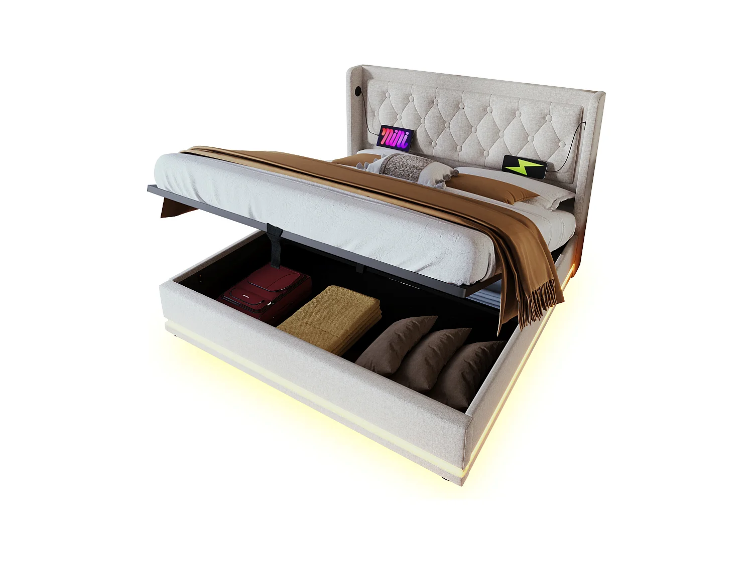 Lit double 160x200 cm beige en coton avec fonction LED 3 côtés, tête de lit rembourrée, USB Type-C, lit de rangement hydraulique (sans matelas)