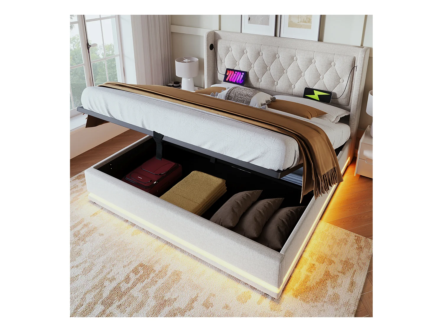 Lit double 160x200 cm beige en coton avec fonction LED 3 côtés, tête de lit rembourrée, USB Type-C, lit de rangement hydraulique (sans matelas)