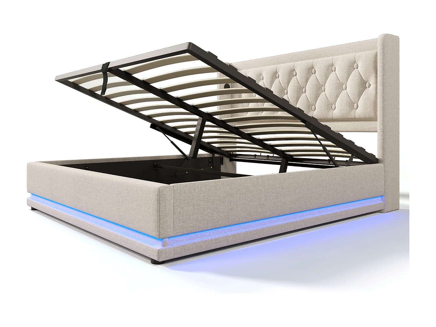 Lit double 160x200 cm beige en coton avec fonction LED 3 côtés, tête de lit rembourrée, USB Type-C, lit de rangement hydraulique (sans matelas)