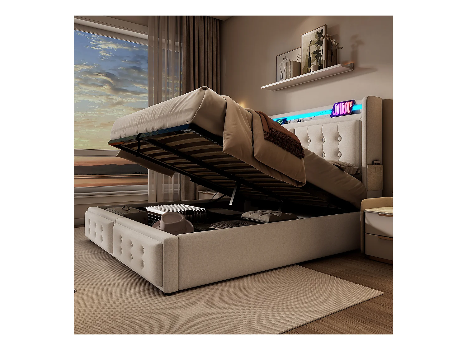 Lit double 160x200 avec tête de lit LED et port USB-C, lit hydraulique avec sommier en bois et cadre métallique, capacité 300 kg, beige, coton (sans matelas)