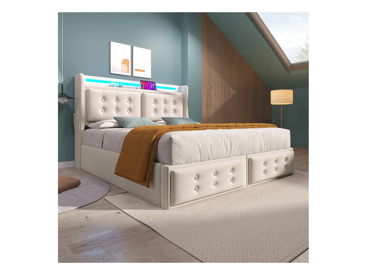 Lit double 160x200 avec tête de lit LED et port USB-C, lit hydraulique avec sommier en bois et cadre métallique, capacité 300 kg, beige, coton (sans matelas)