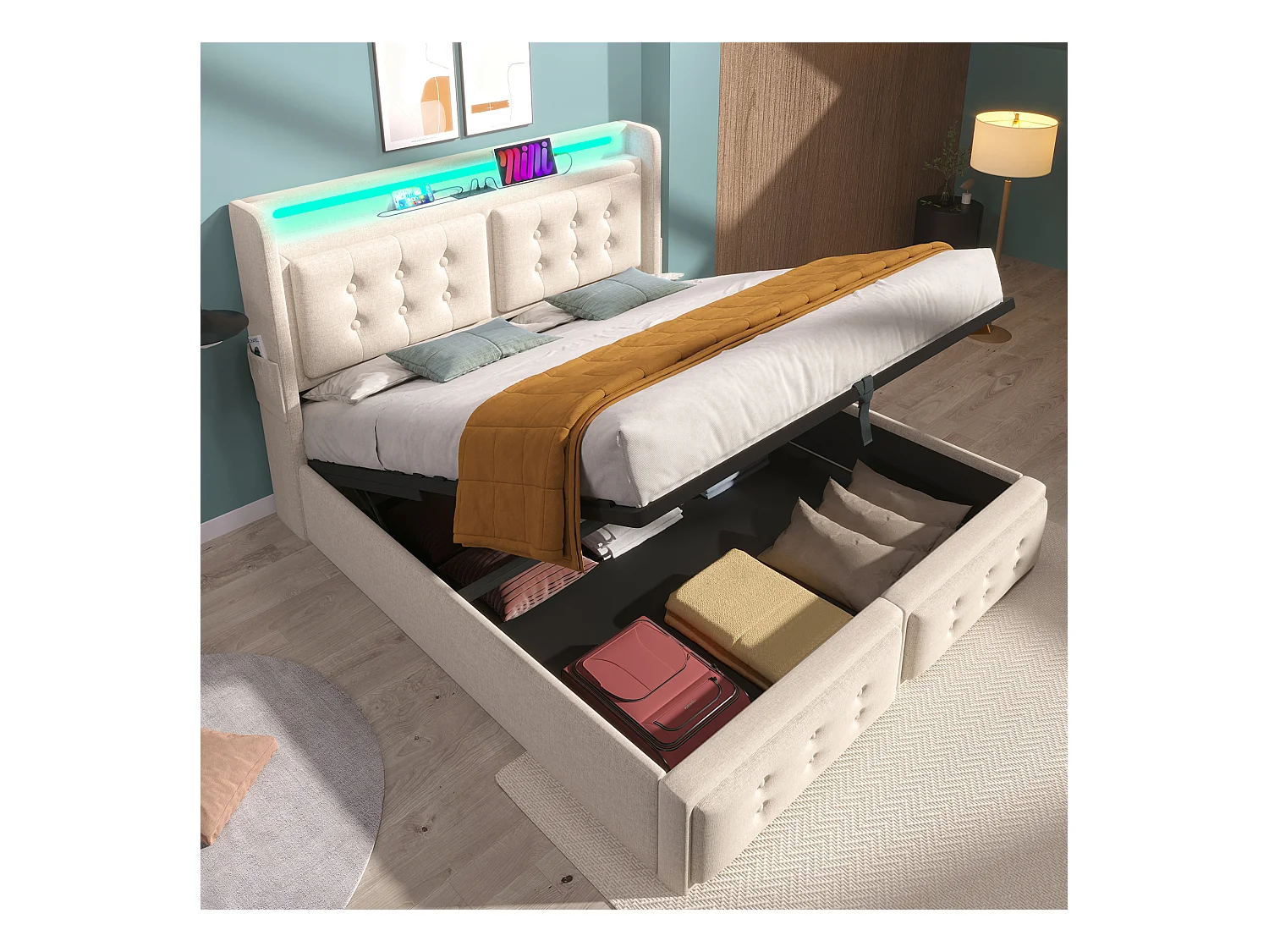 Lit double 160x200 avec tête de lit LED et port USB-C, lit hydraulique avec sommier en bois et cadre métallique, capacité 300 kg, beige, coton (sans matelas)