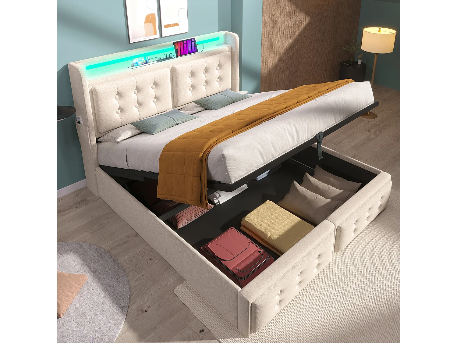 Lit double 160x200 avec tête de lit LED et port USB-C, lit hydraulique avec sommier en bois et cadre métallique, capacité 300 kg, beige, coton (sans matelas)