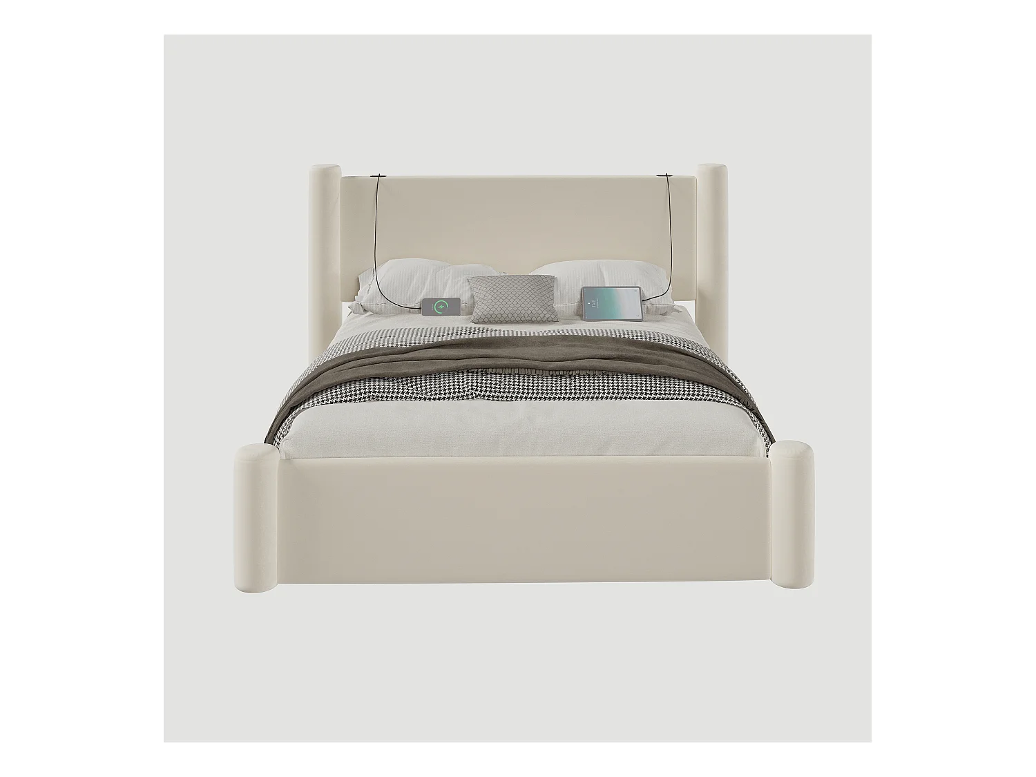 Cadre de lit 160x200 cm moderne, tête de lit rembourrée 3D, 2 tiroirs de rangement, ports USB intégrés – confort et style pratique pour chambre, beige.