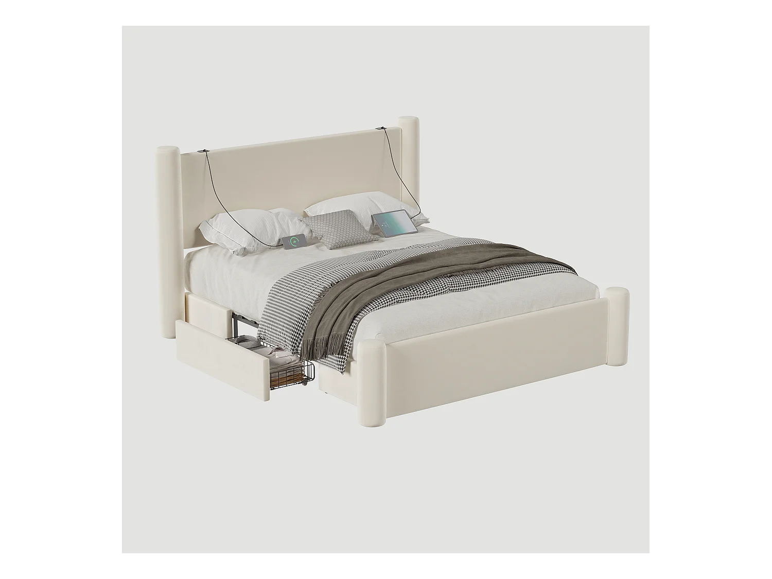 Cadre de lit 160x200 cm moderne, tête de lit rembourrée 3D, 2 tiroirs de rangement, ports USB intégrés – confort et style pratique pour chambre, beige.