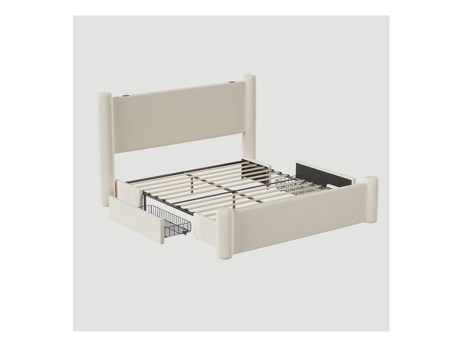Cadre de lit 160x200 cm moderne, tête de lit rembourrée 3D, 2 tiroirs de rangement, ports USB intégrés – confort et style pratique pour chambre, beige.