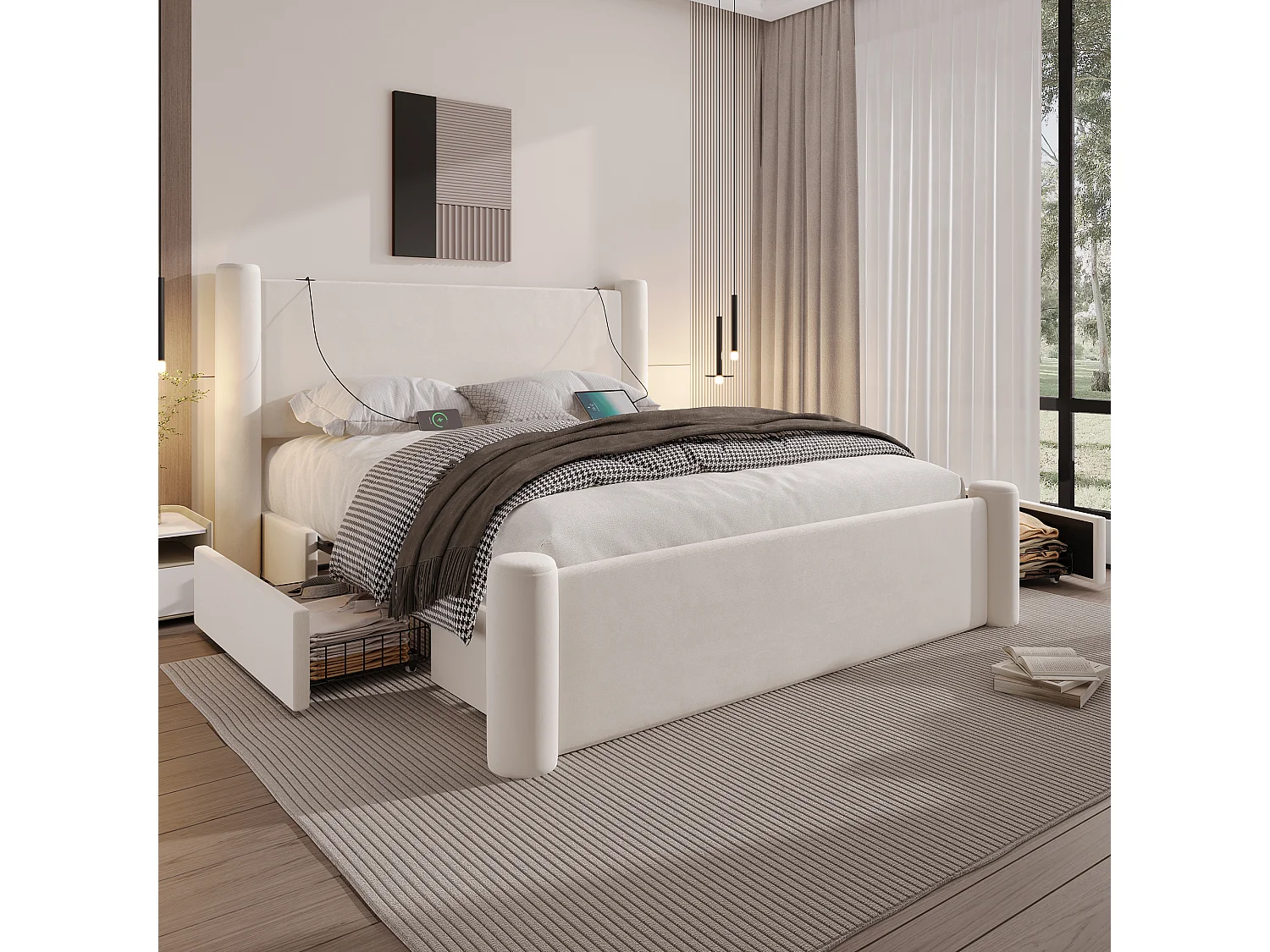 Cadre de lit 160x200 cm moderne, tête de lit rembourrée 3D, 2 tiroirs de rangement, ports USB intégrés – confort et style pratique pour chambre, beige.