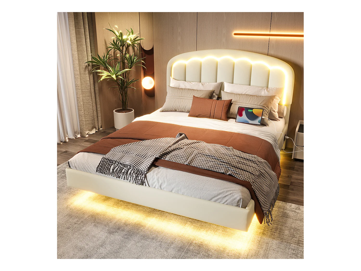Lit moderne 140x200 cm blanc, design suspendu, LED, port USB-C, tête de lit en forme de pétale et espace de rangement pratique – élégant et confortable.