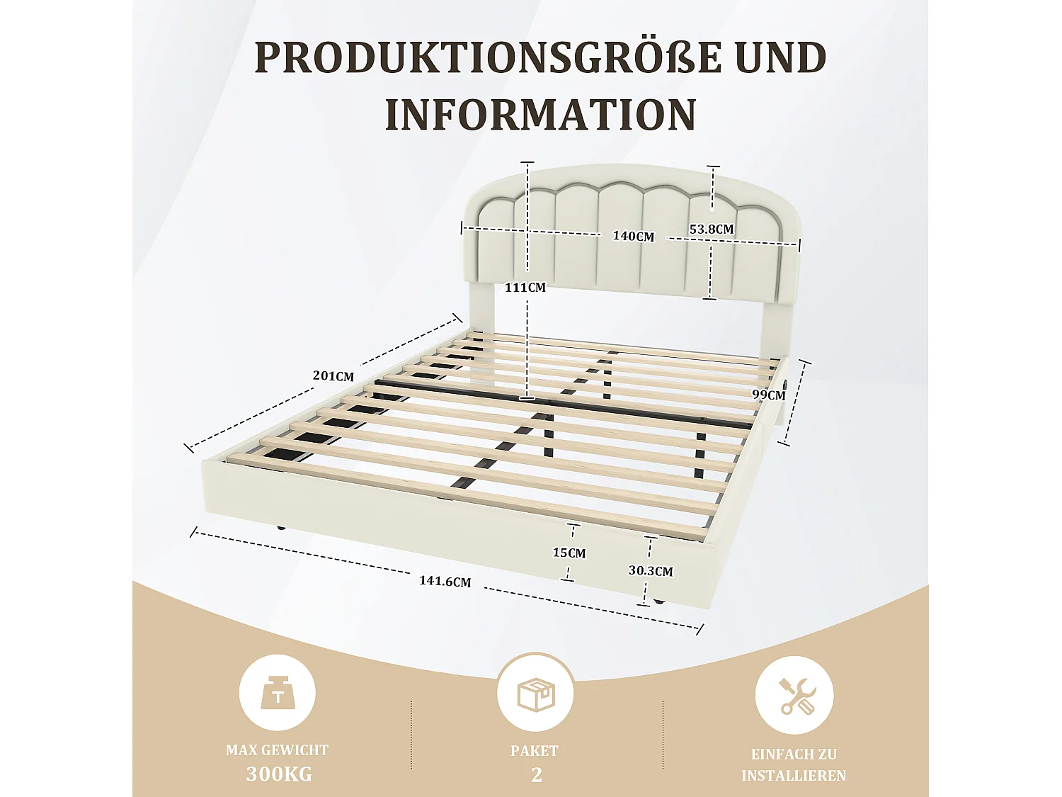 Lit moderne 140x200 cm blanc, design suspendu, LED, port USB-C, tête de lit en forme de pétale et espace de rangement pratique – élégant et confortable.