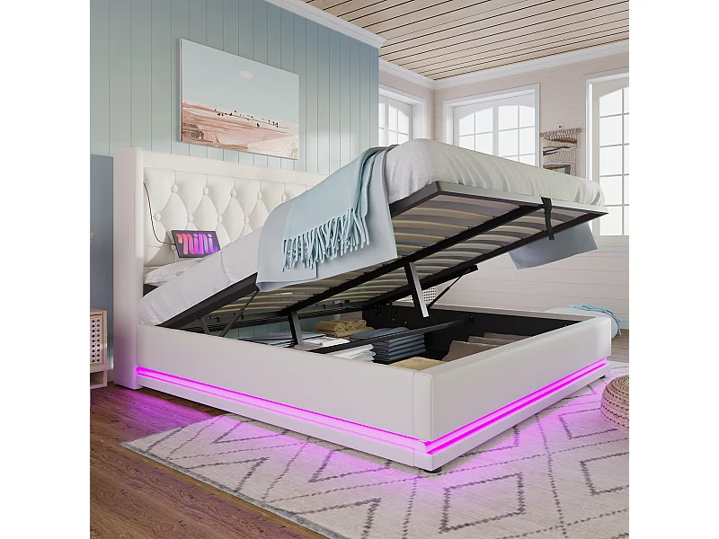 Lit double 140x200 cm blanc en PU, lit coffre hydraulique, tête rembourrée, USB Type-C, LED 3 côtés (sans matelas)