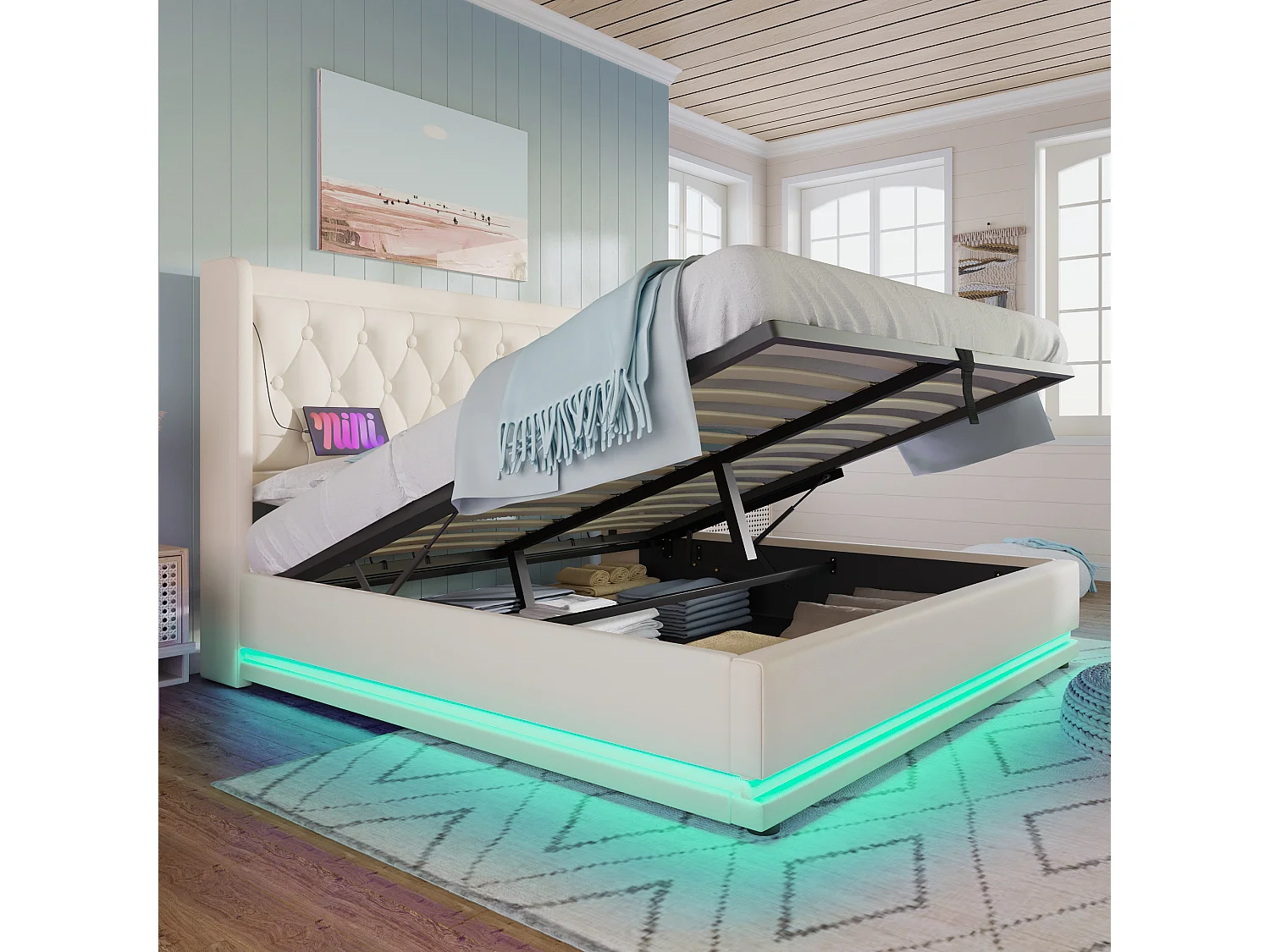 Lit double 140x200 cm blanc en PU, lit coffre hydraulique, tête rembourrée, USB Type-C, LED 3 côtés (sans matelas)