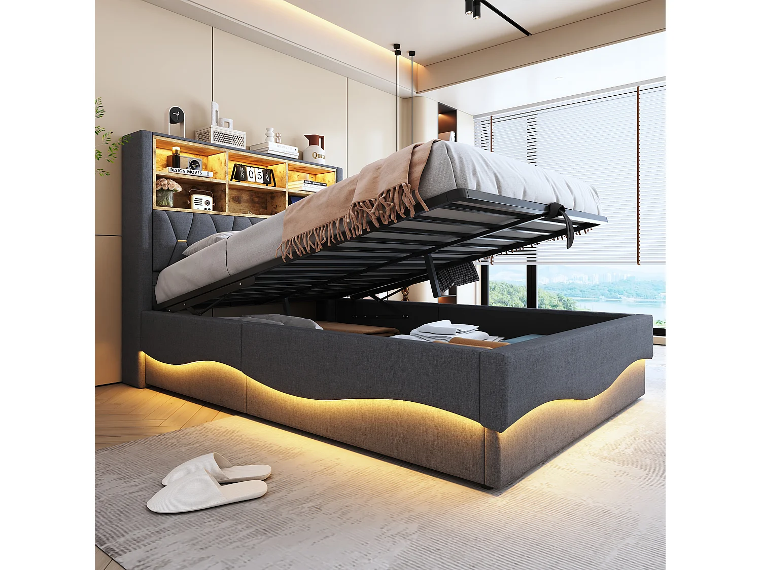 Lit 140x200 cm gris avec rangement hydraulique, LED via APP, port USB, sommier métallique, rembourrage en lin