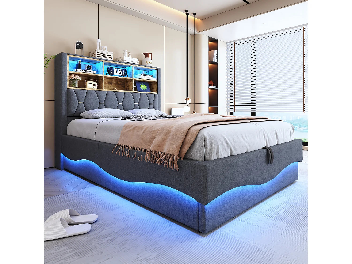 Lit 140x200 cm gris avec rangement hydraulique, LED via APP, port USB, sommier métallique, rembourrage en lin