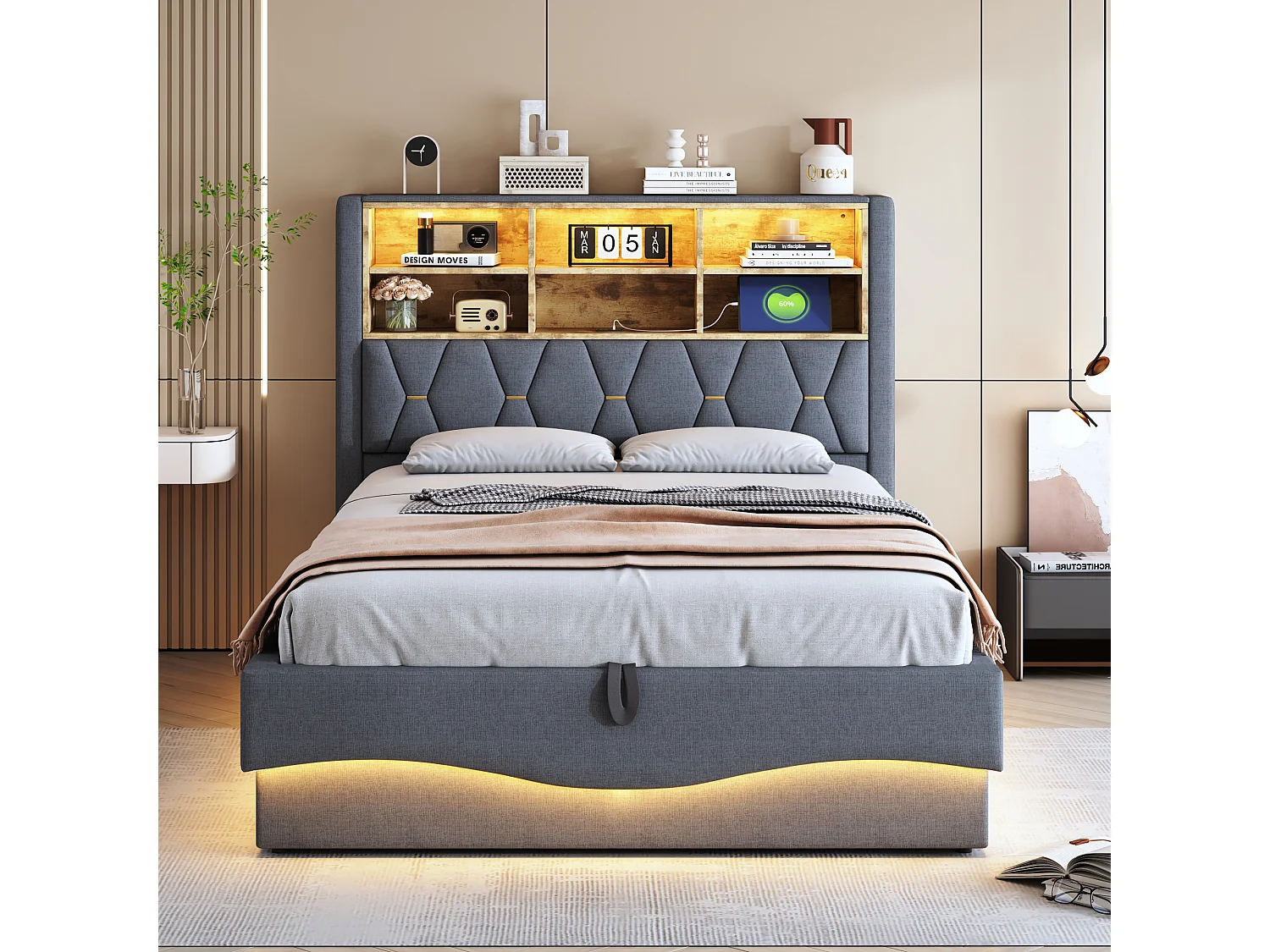 Lit 140x200 cm gris avec rangement hydraulique, LED via APP, port USB, sommier métallique, rembourrage en lin