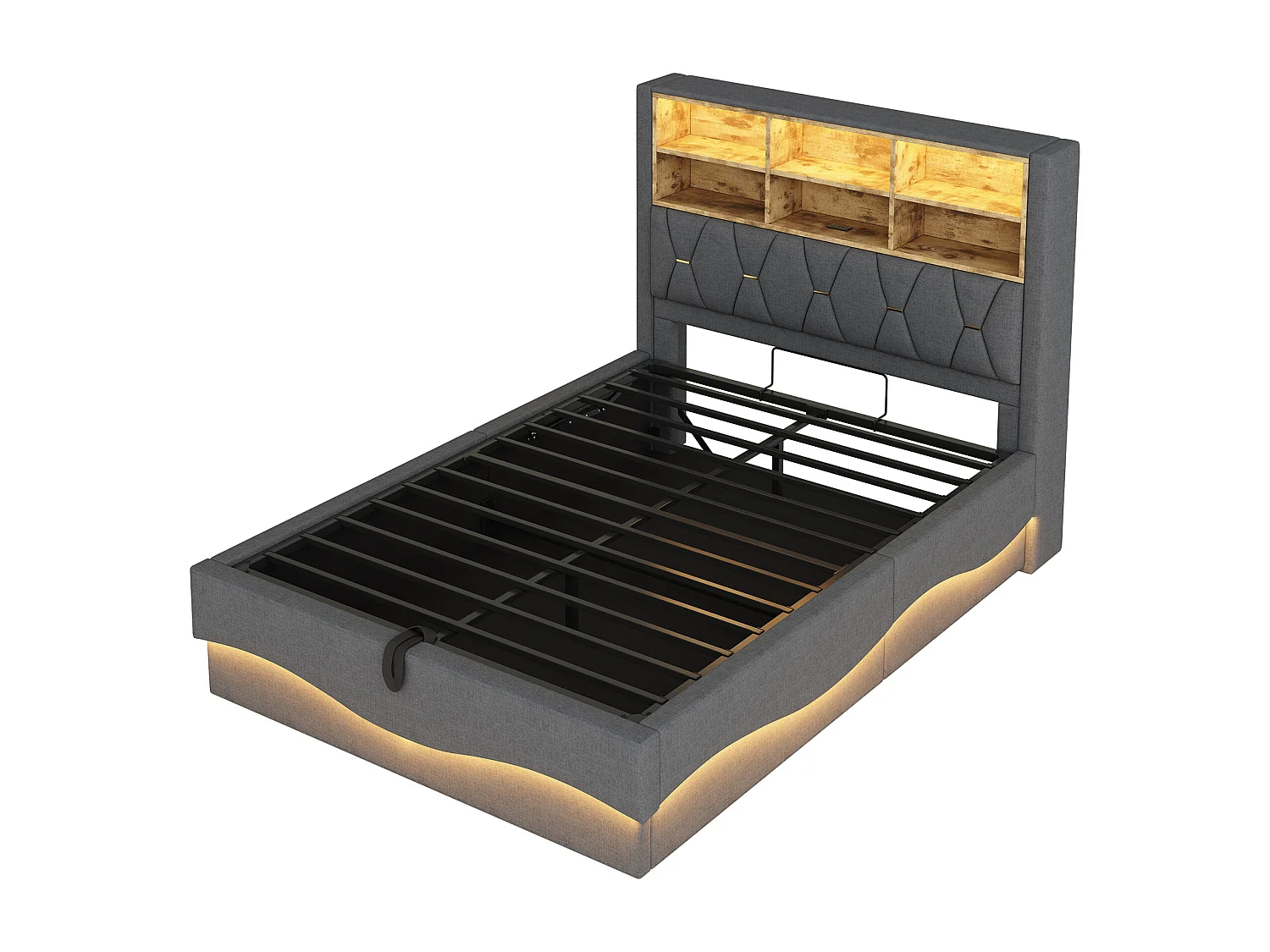 Lit 140x200 cm gris avec rangement hydraulique, LED via APP, port USB, sommier métallique, rembourrage en lin