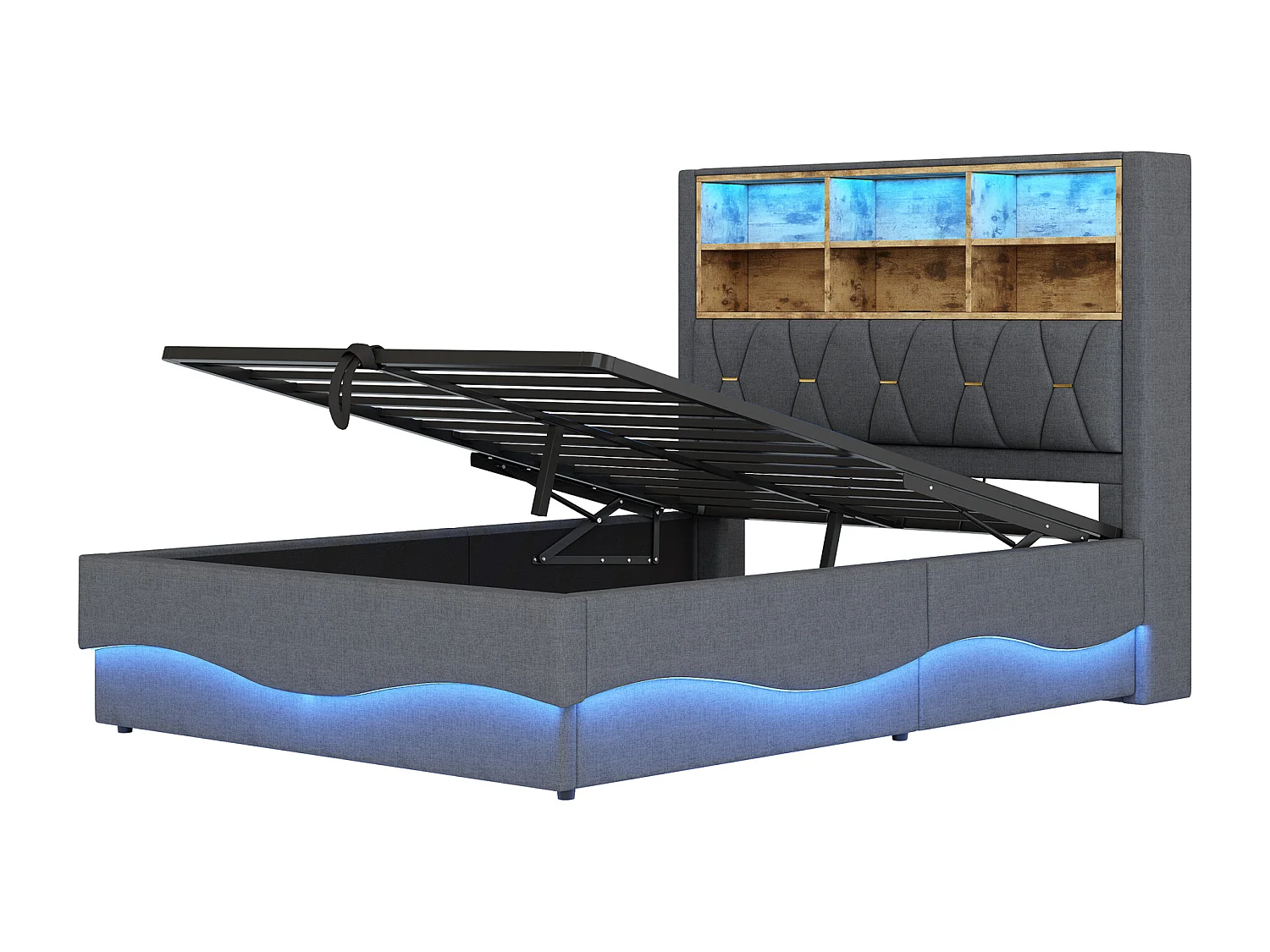 Lit 140x200 cm gris avec rangement hydraulique, LED via APP, port USB, sommier métallique, rembourrage en lin