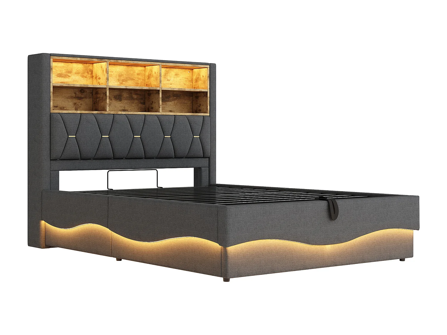 Lit 140x200 cm gris avec rangement hydraulique, LED via APP, port USB, sommier métallique, rembourrage en lin