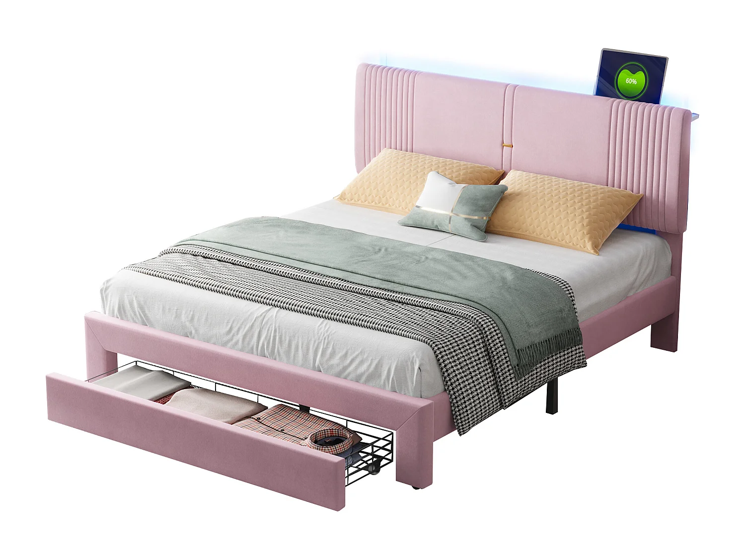 Lit 160 x 200 cm avec Éclairage, USB, Tête de Lit et Grand Tiroir, en Velours Rose