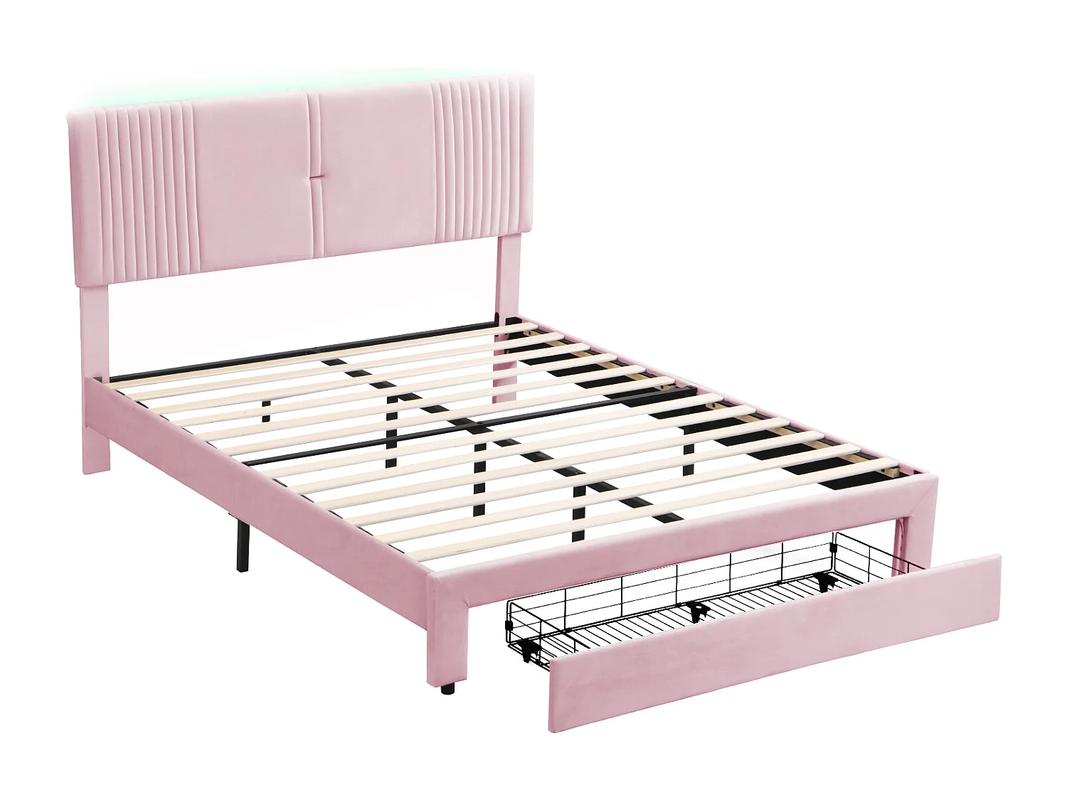 Lit 160 x 200 cm avec Éclairage, USB, Tête de Lit et Grand Tiroir, en Velours Rose