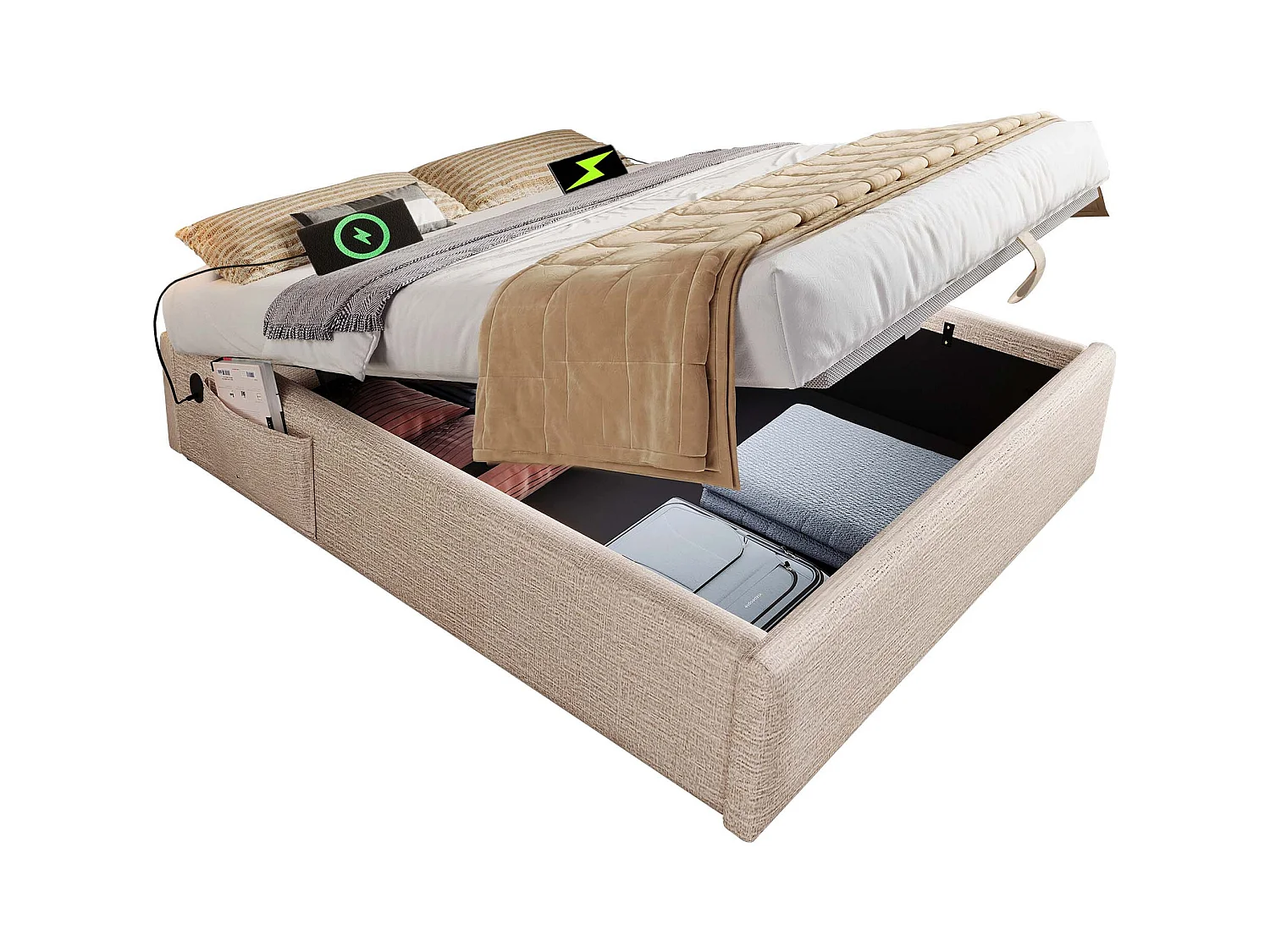 Lit tapissier double 160×200cm : Lit à rangement (USB-C), lattes de support pleine surface, sans tête de lit, lin, naturel