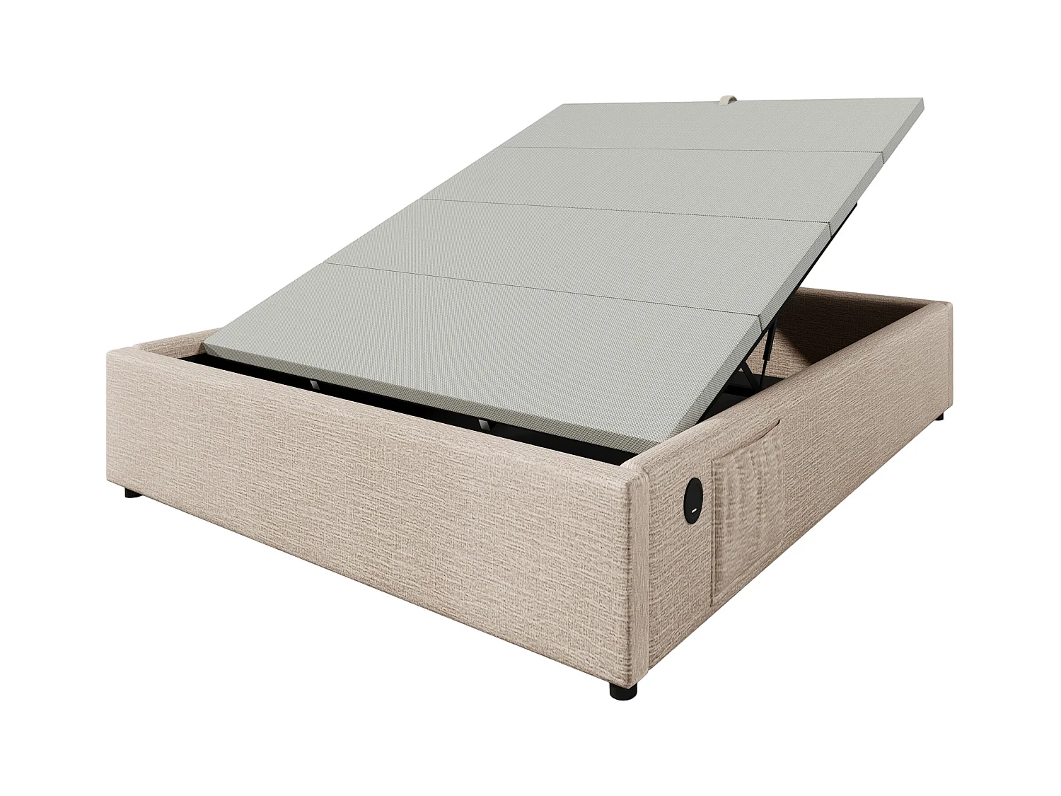 Lit tapissier double 160×200cm : Lit à rangement (USB-C), lattes de support pleine surface, sans tête de lit, lin, naturel