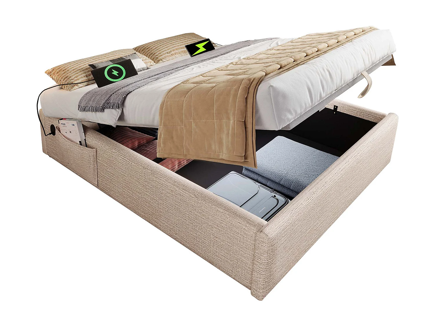 Lit tapissier double 160×200cm : Lit à rangement (USB-C), lattes de support pleine surface, sans tête de lit, lin, naturel