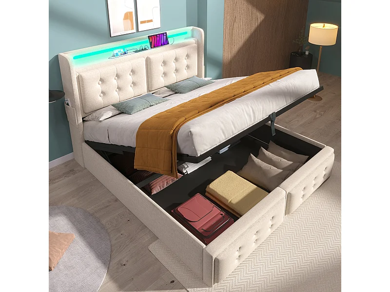 Lit double 180x200 avec tête de lit LED et port USB-C, lit hydraulique avec sommier en bois et cadre métallique, capacité 300 kg, beige, coton (sans matelas)