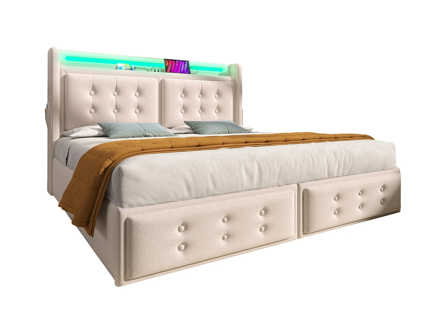 Lit double 180x200 avec tête de lit LED et port USB-C, lit hydraulique avec sommier en bois et cadre métallique, capacité 300 kg, beige, coton (sans matelas)